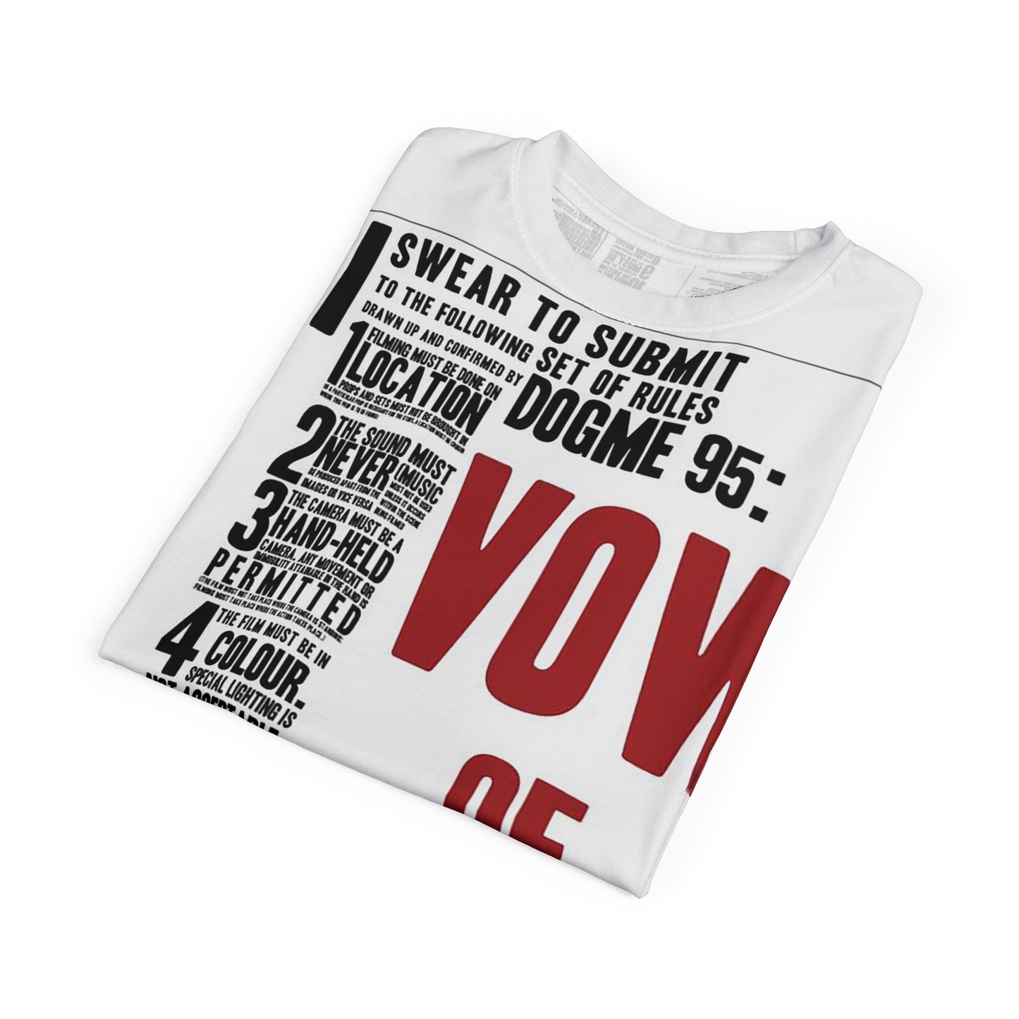 Folded Dogma 95 Unisex T-shirt showing front Vow of Chastity design with visible typography and print clarity.