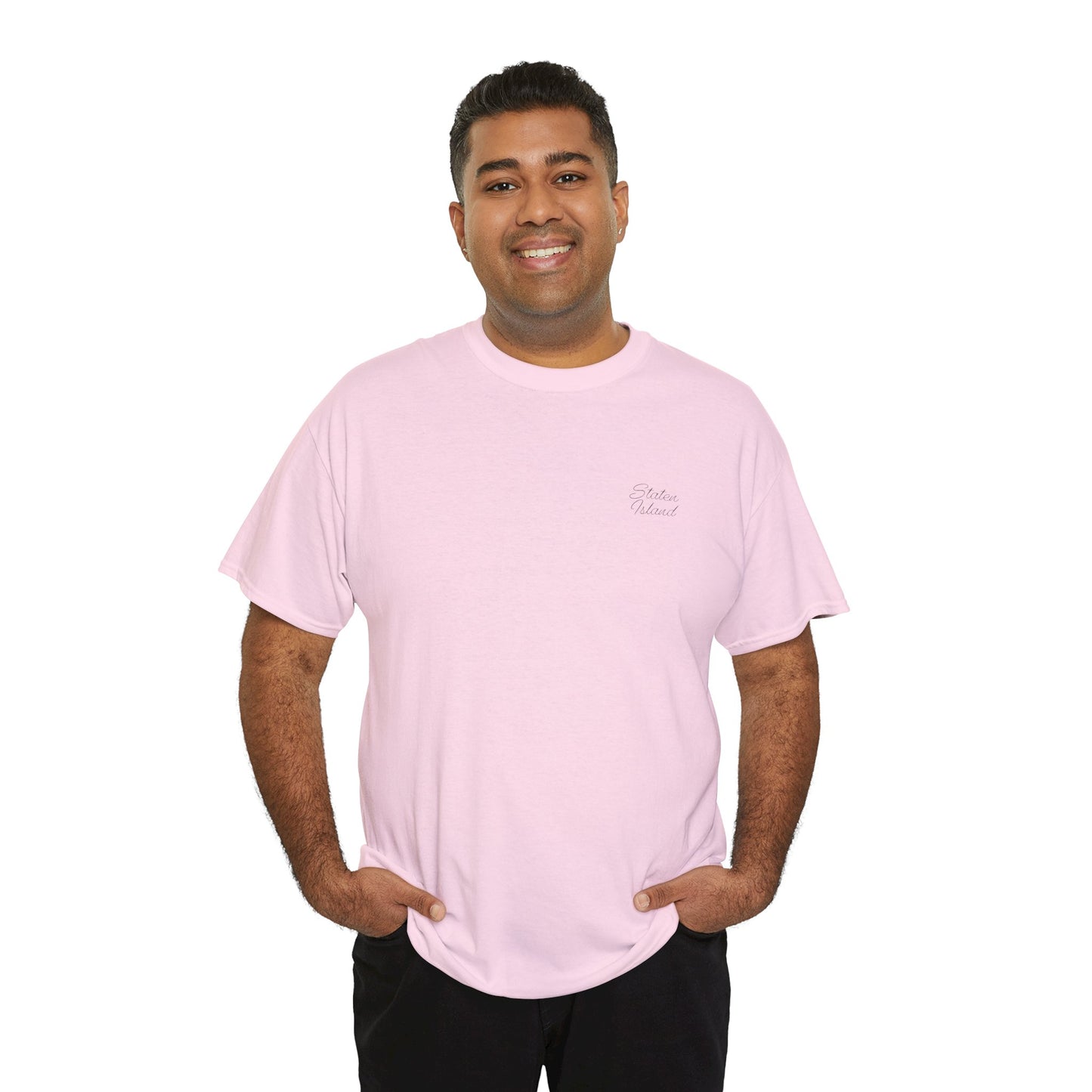 Male model in pink Staten Island T-Shirt front view.