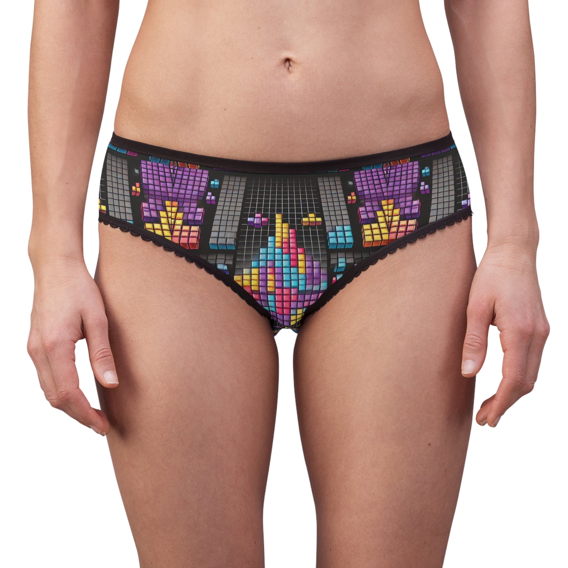 Woman wearing Tetris underwear colorful arcade block print gaming panties front view
