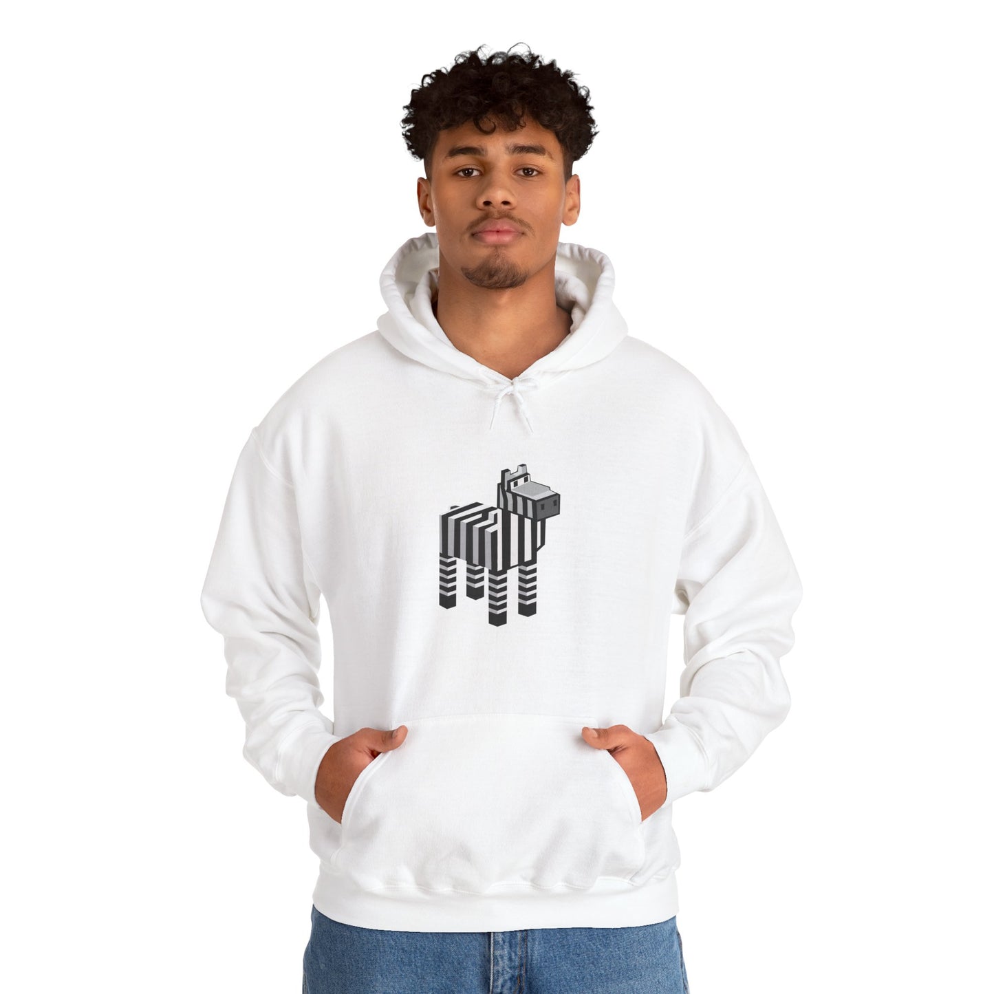 Arcade Zebra Hooded Sweatshirt – Retro Gaming Pixel Hoodie worn by man in white
