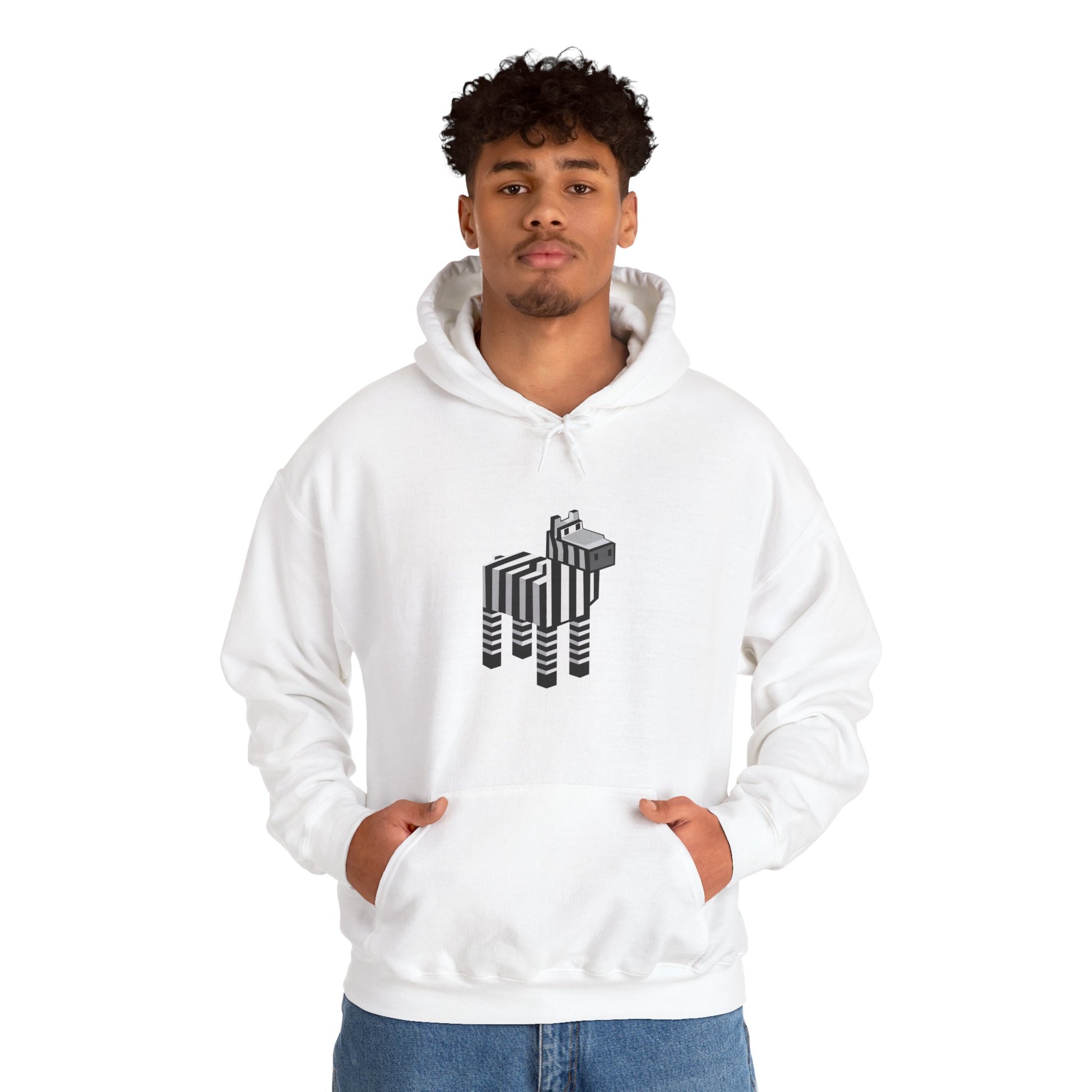 Arcade Zebra Hooded Sweatshirt – Retro Gaming Pixel Hoodie worn by man in white