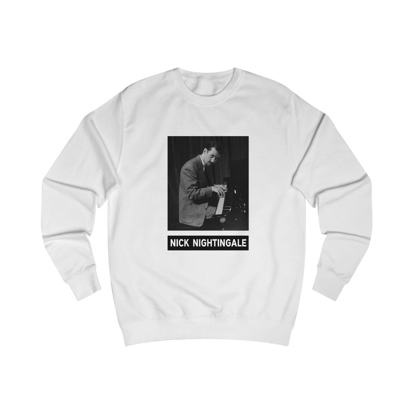 A front view of the white Nick Nightingale unisex sweatshirt showing the printed graphic.