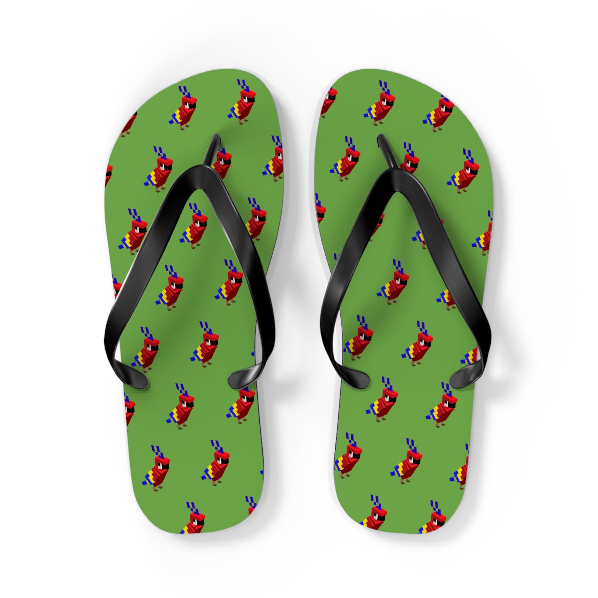 Top view of green arcade parrot flip flops with black straps against white background