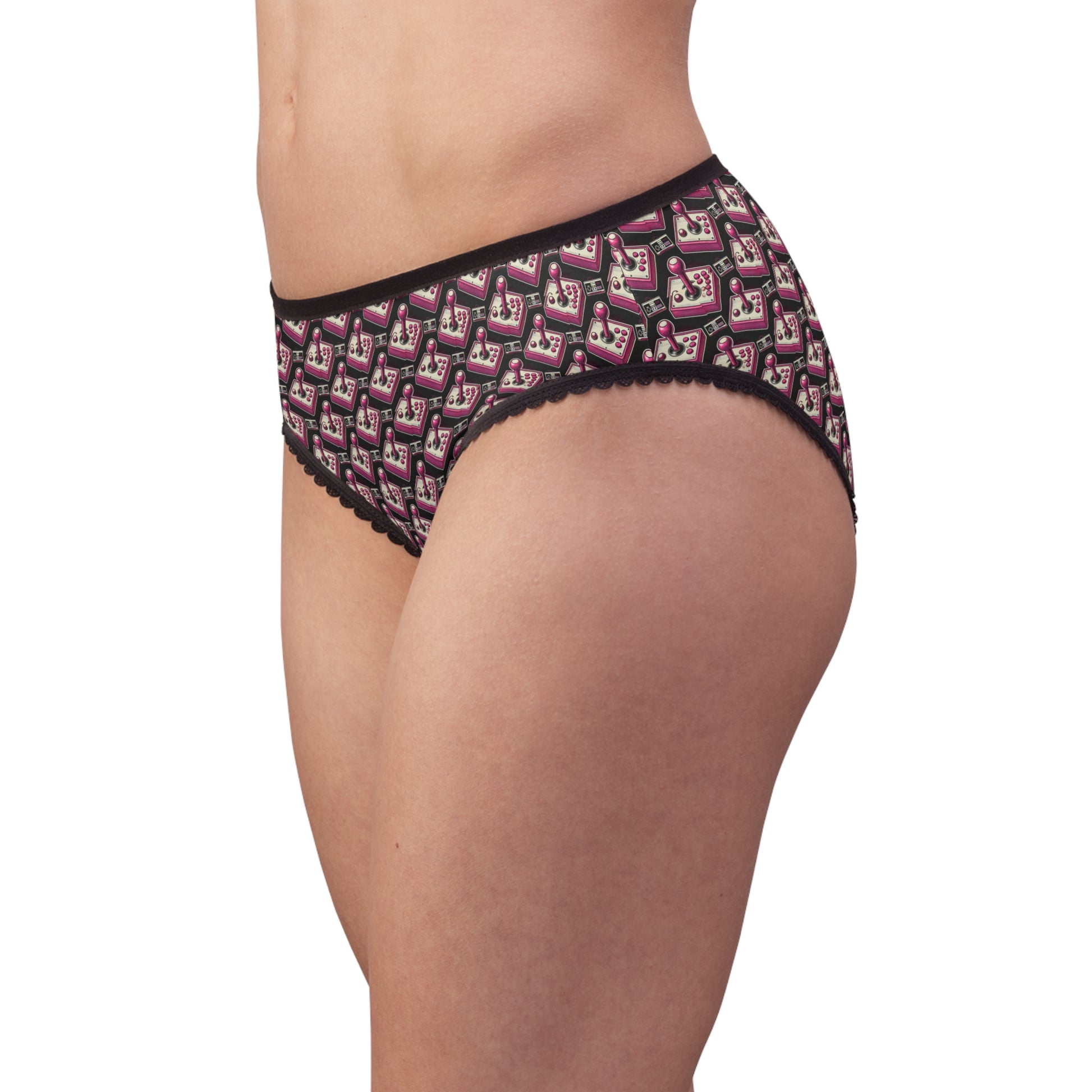 woman wearing arcade joystick print underwear side view