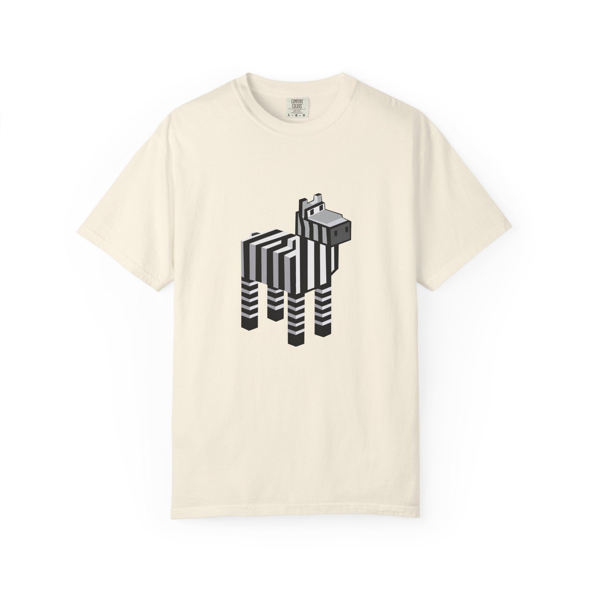 Unisex Pixel Zebra T-Shirt flat lay in cream with pixel zebra design