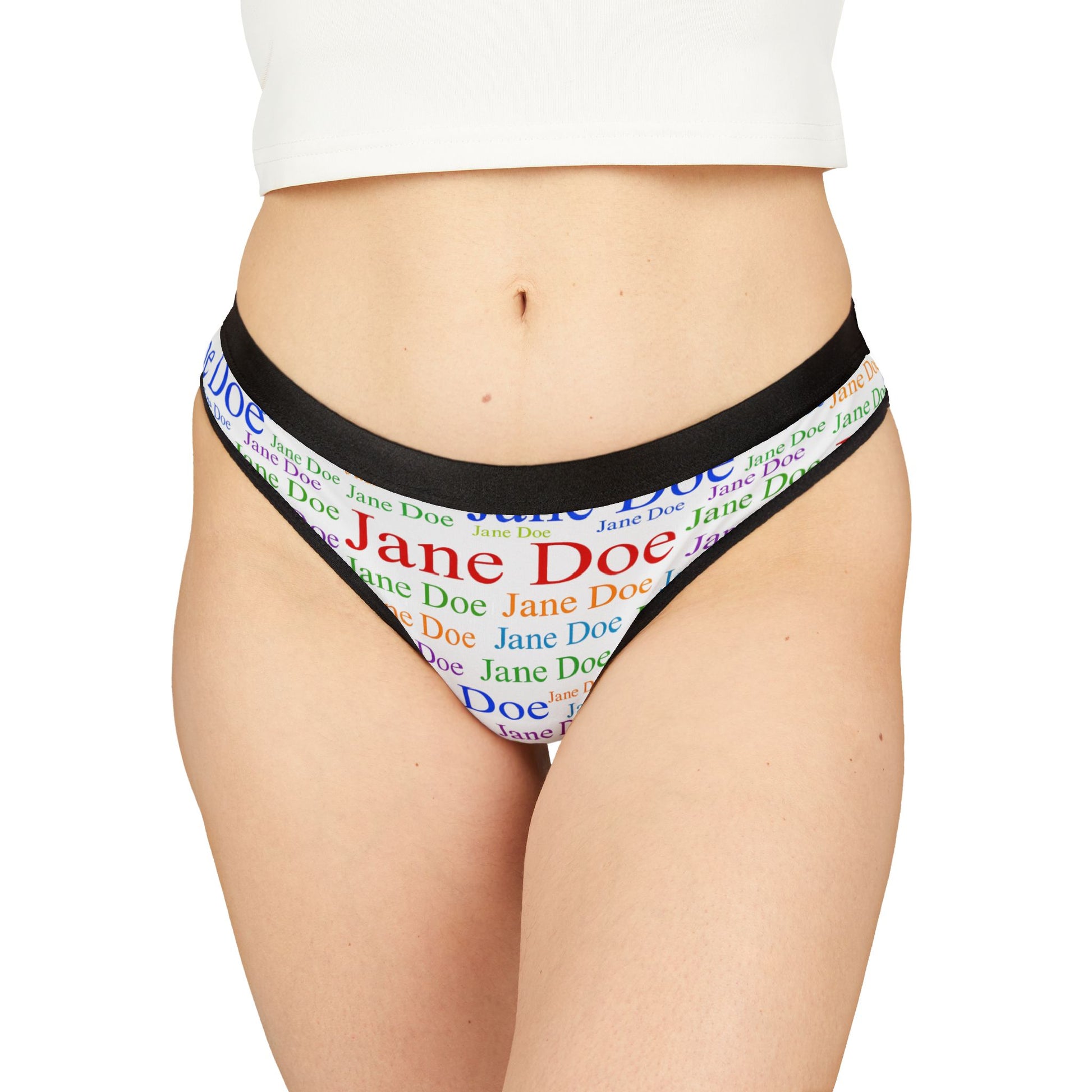Model wearing Jane Doe Women’s Thongs – White Edition, front view
