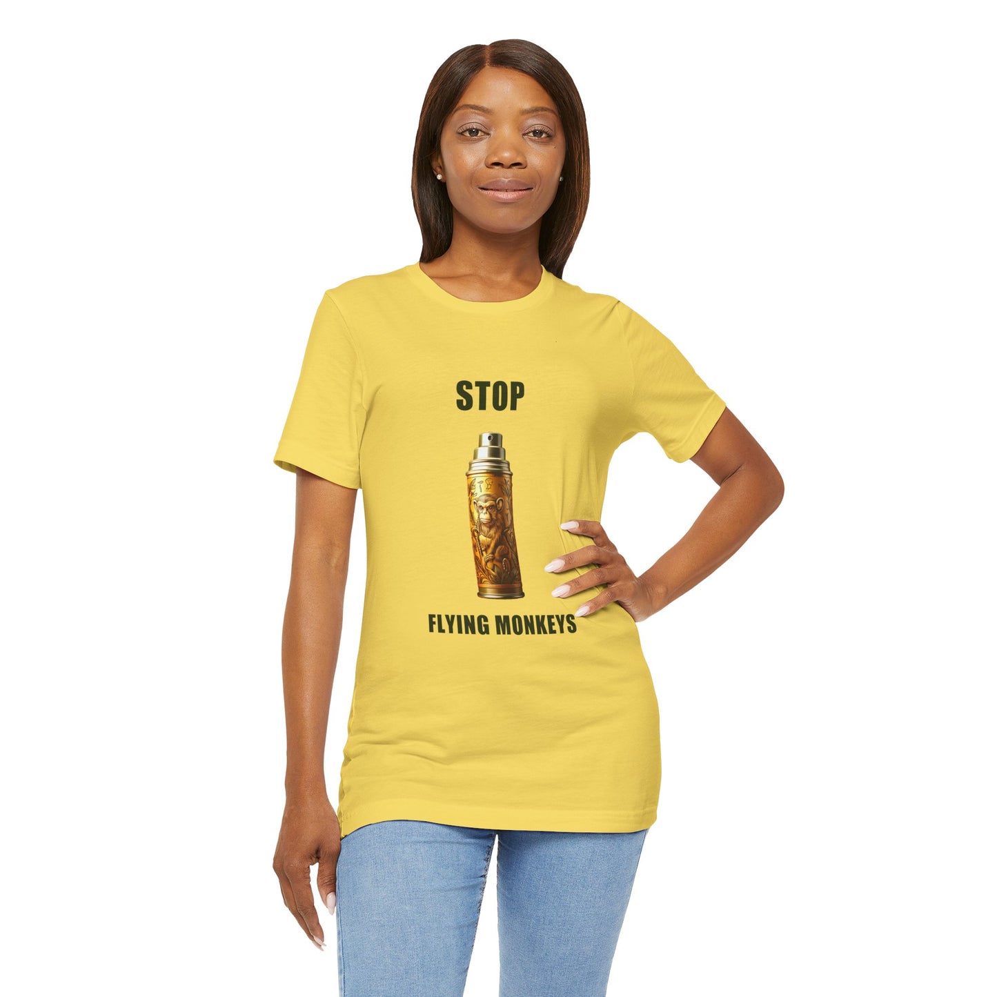 Woman wearing yellow Stop Flying Monkeys T-Shirt Alternate Version with hands on hips