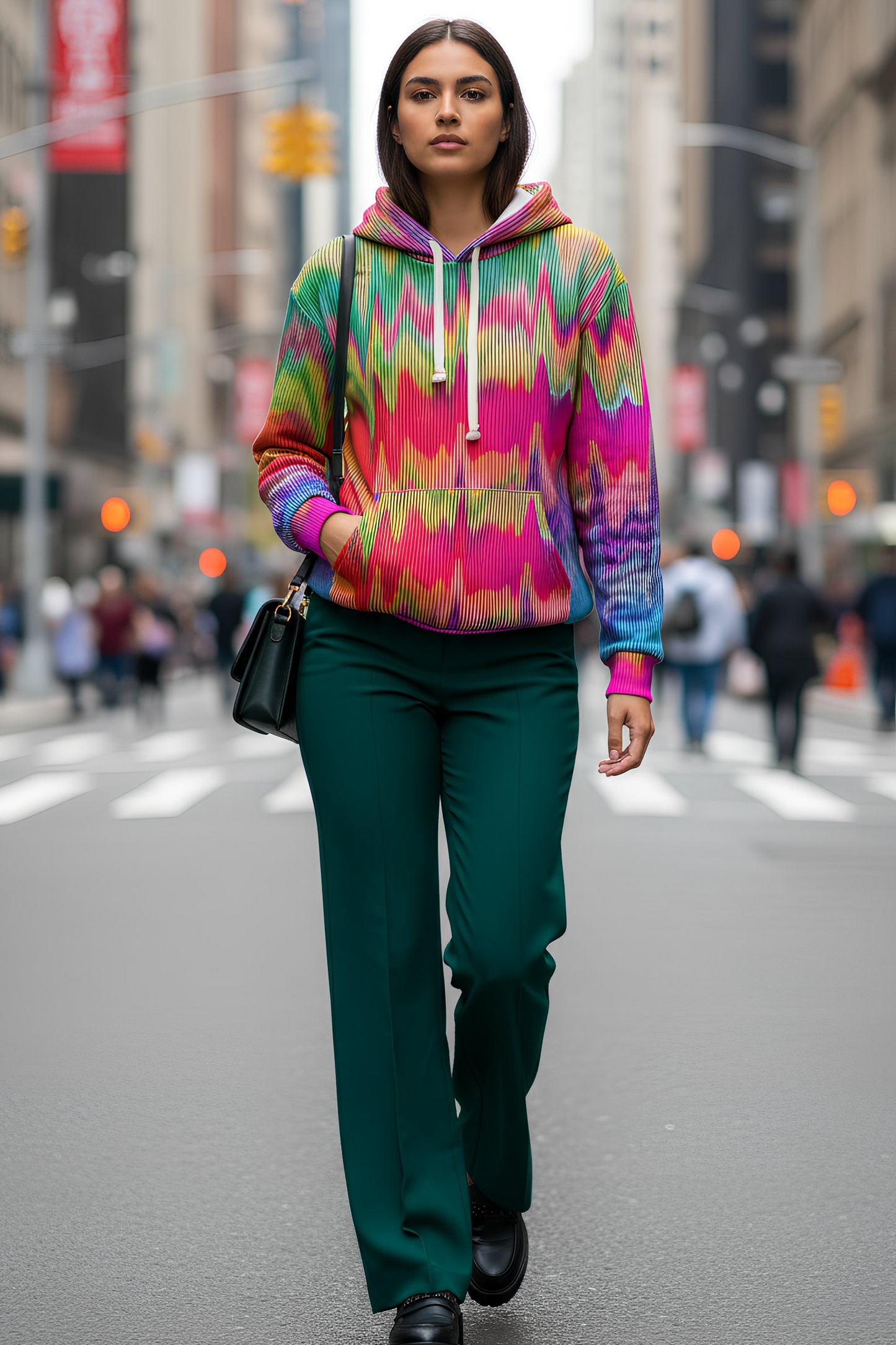 11:11 Unisex Hoodie worn by woman walking in city street, vibrant rainbow energy pattern