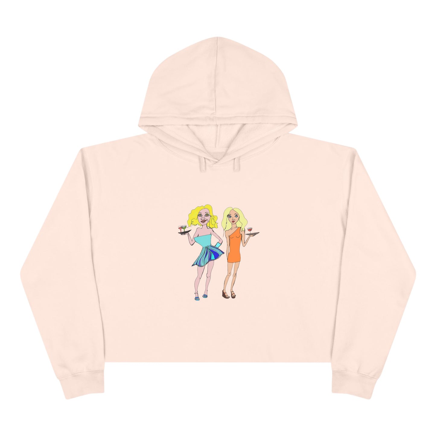Waitress Crop Unisex Hoodie in sand laid flat with original waitress artwork