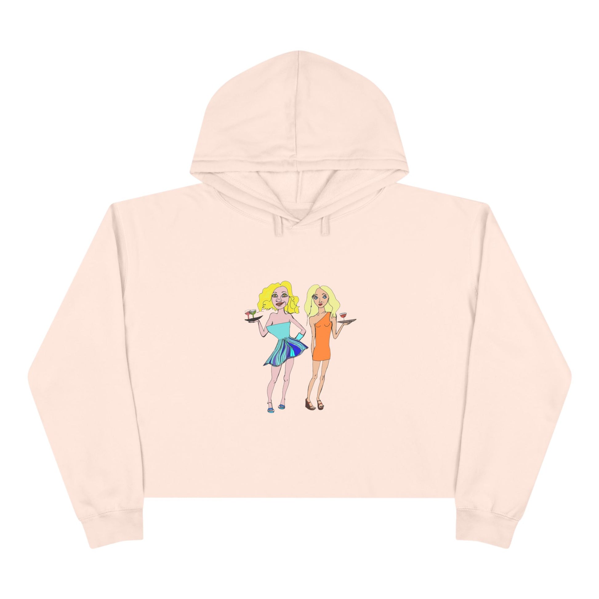 Waitress Crop Unisex Hoodie in sand laid flat with original waitress artwork