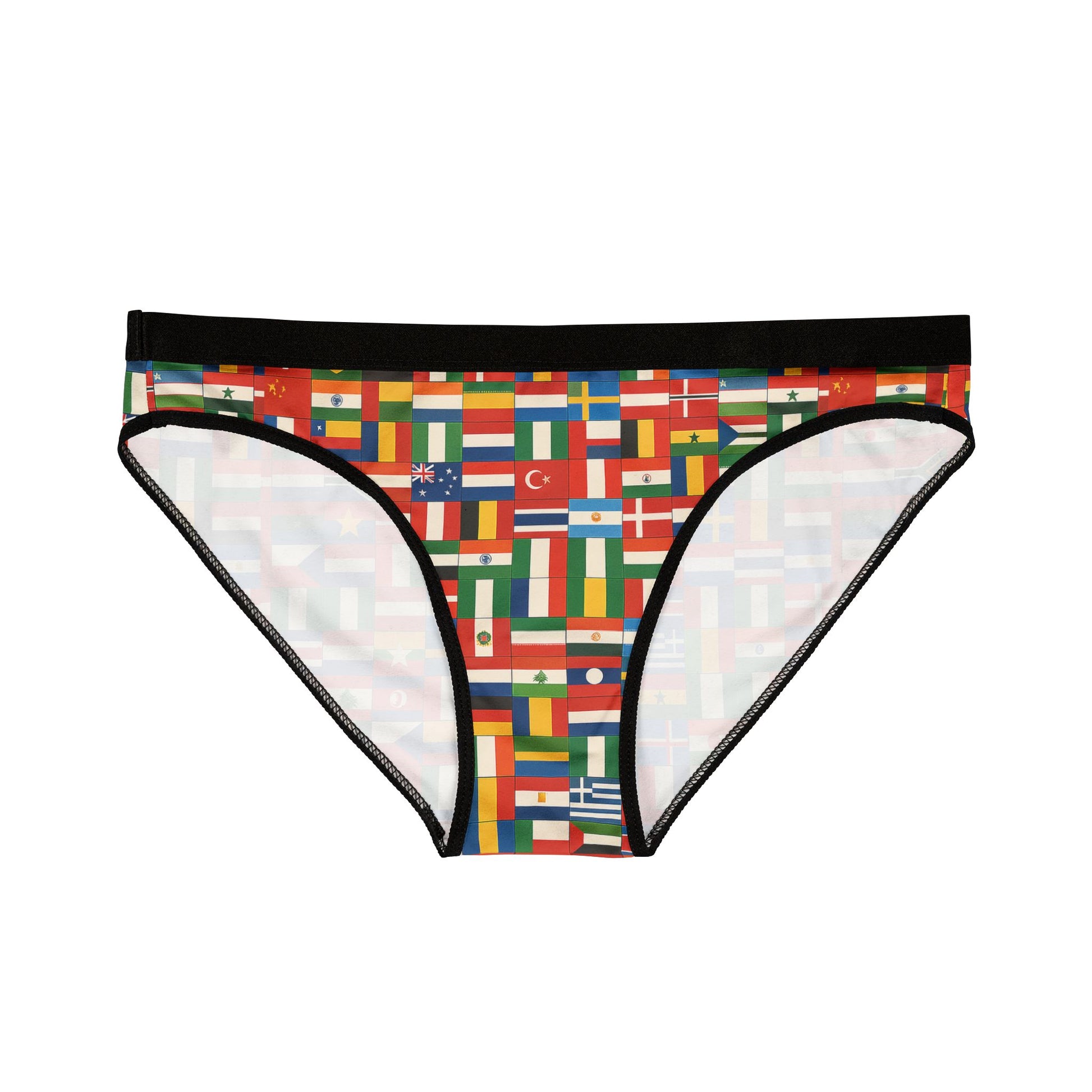 United Nations Panties front view flat lay with colorful world flag print on polyester spandex fabric