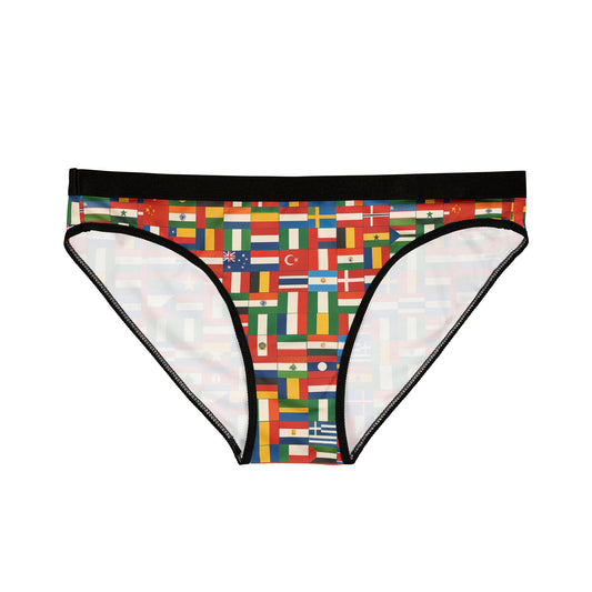 United Nations Panties front view flat lay with colorful world flag print on polyester spandex fabric