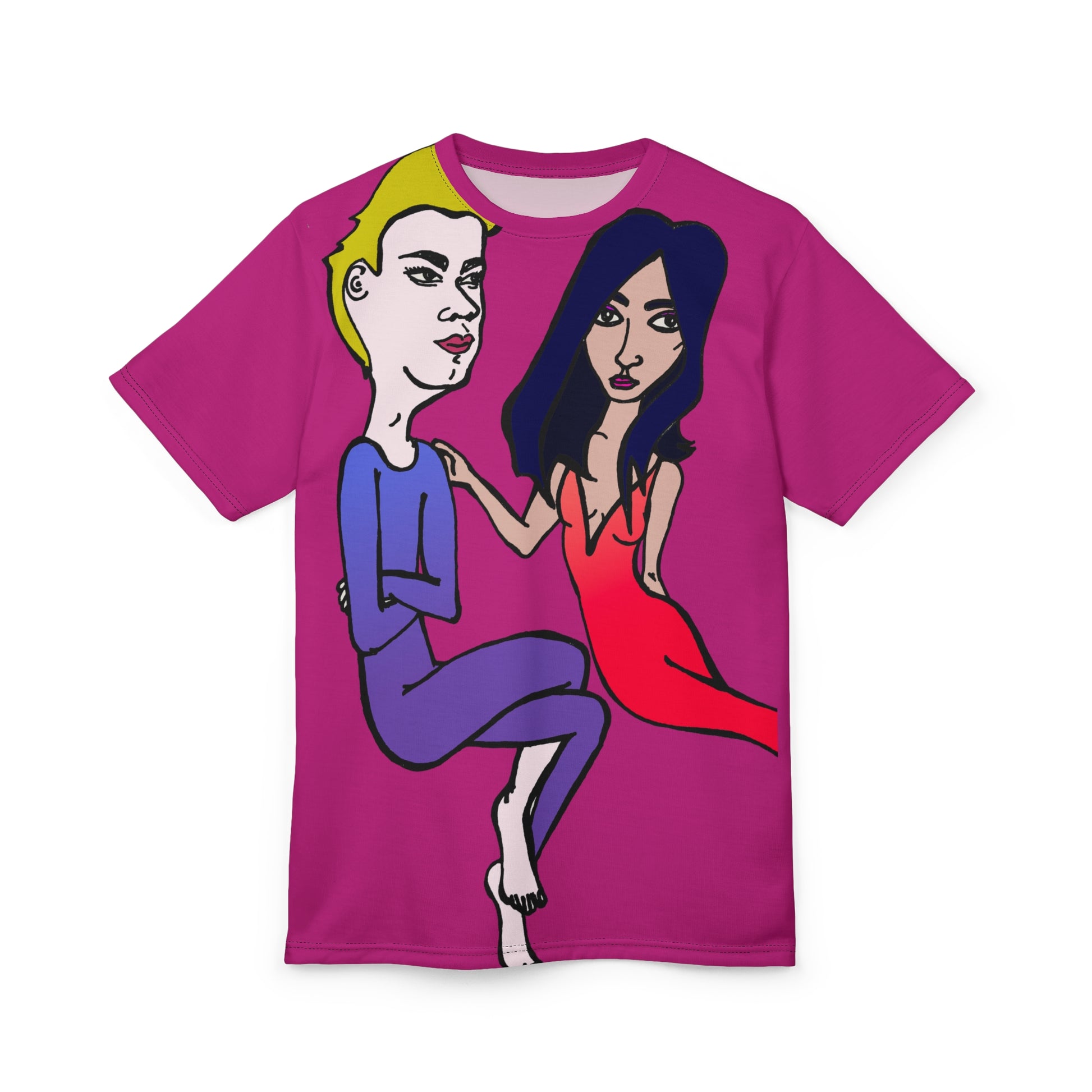 Flat lay of the Julia and Marcus hand-drawn couple tee showing the complete illustration of Julia in red and Marcus in purple on a magenta shirt.