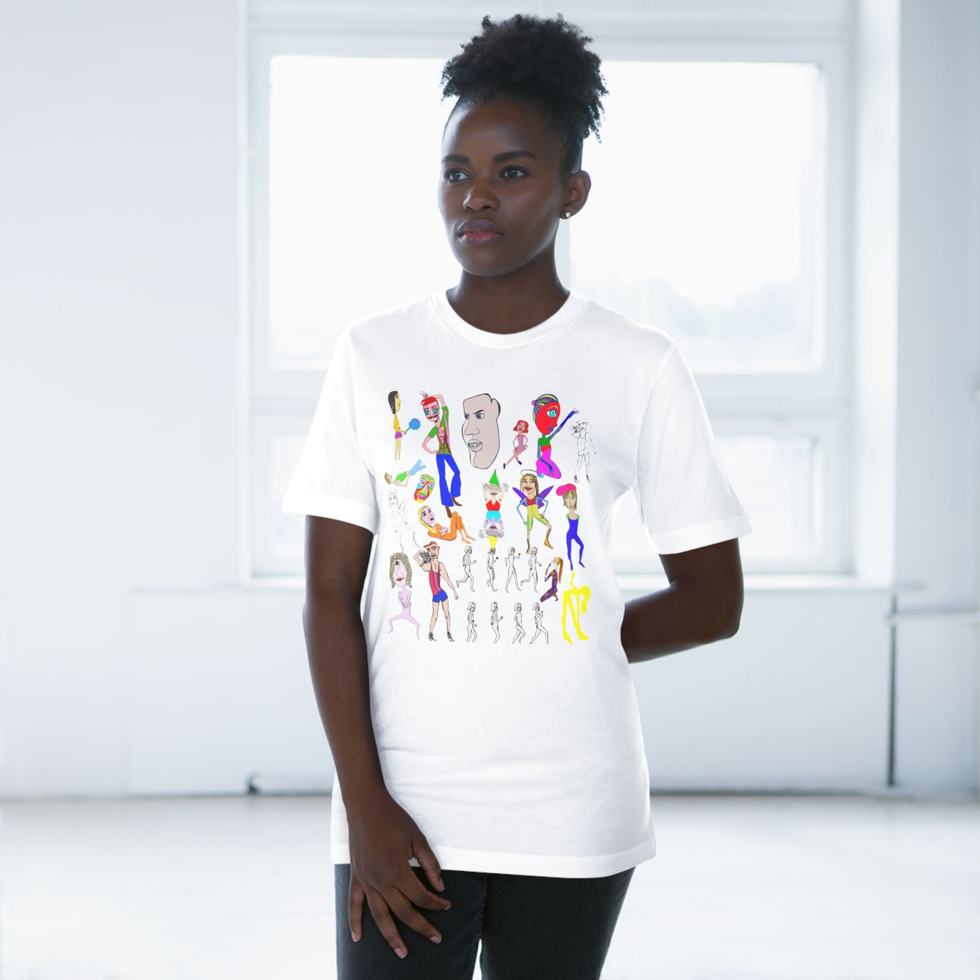Female model wearing white Mix Unisex Deluxe T-Shirt with colorful hand drawn design.