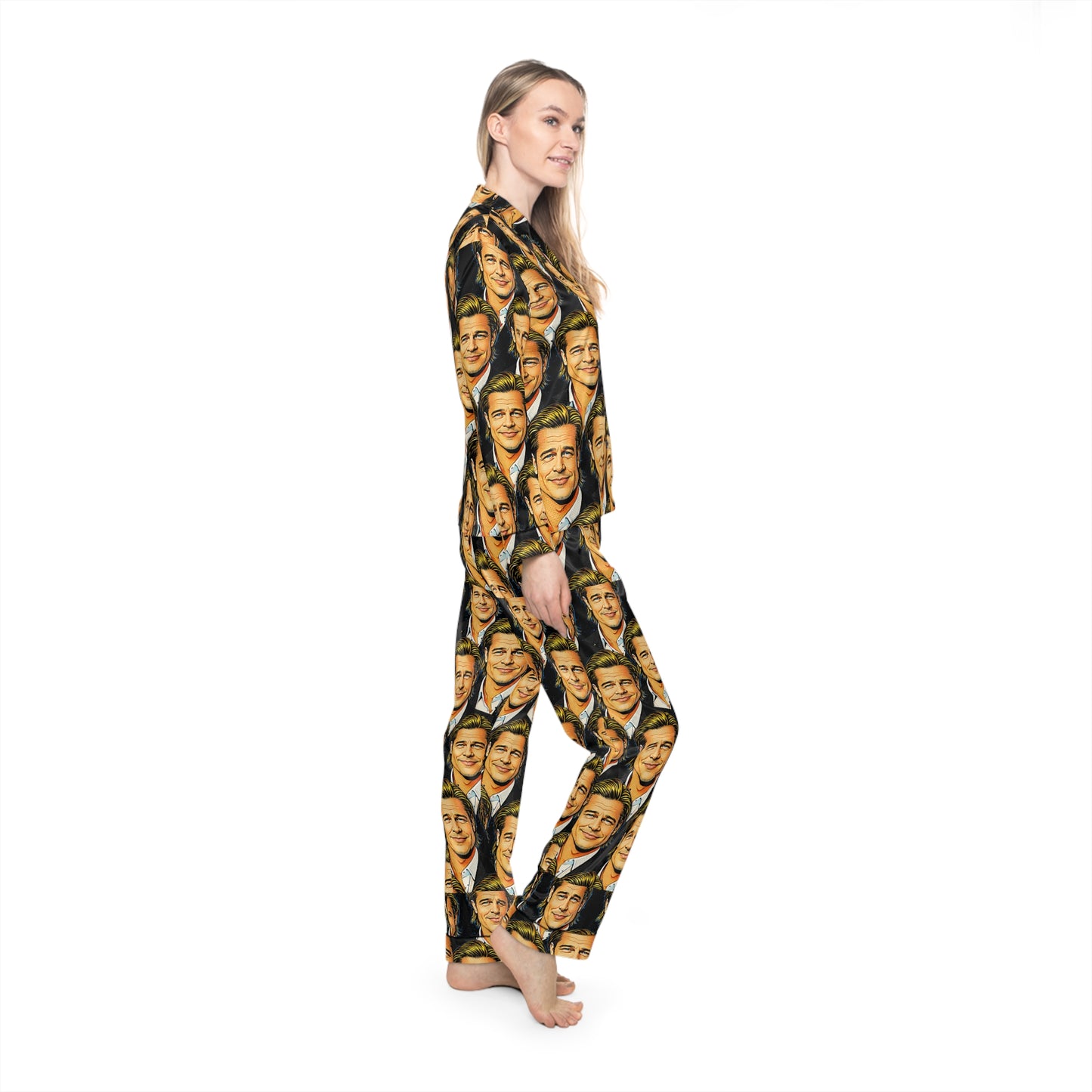 Side view of woman walking in Brad’s Face satin pajama set highlighting smooth fabric drape and straight leg pants.