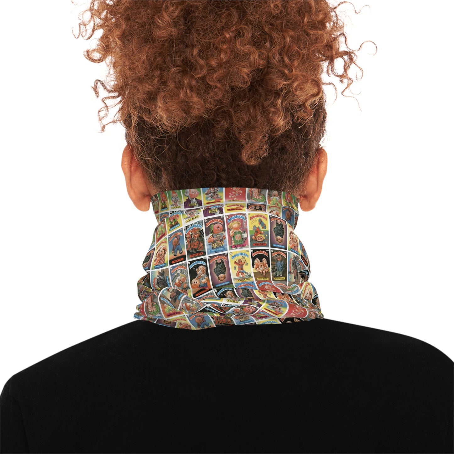 Back view of unisex neck gaiter showing full retro trading card collage pattern