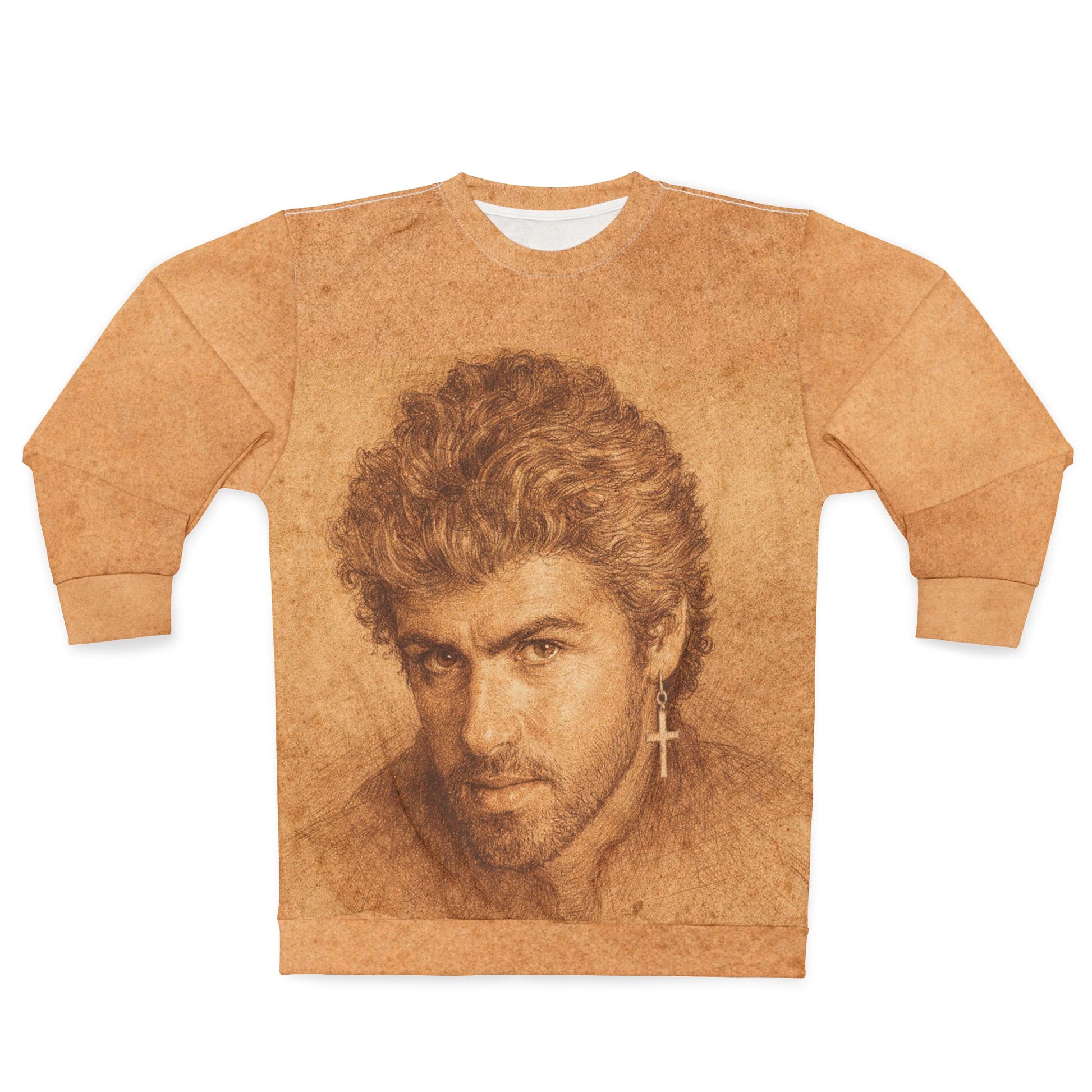 Front view of George Michael portrait unisex sweatshirt displayed flat