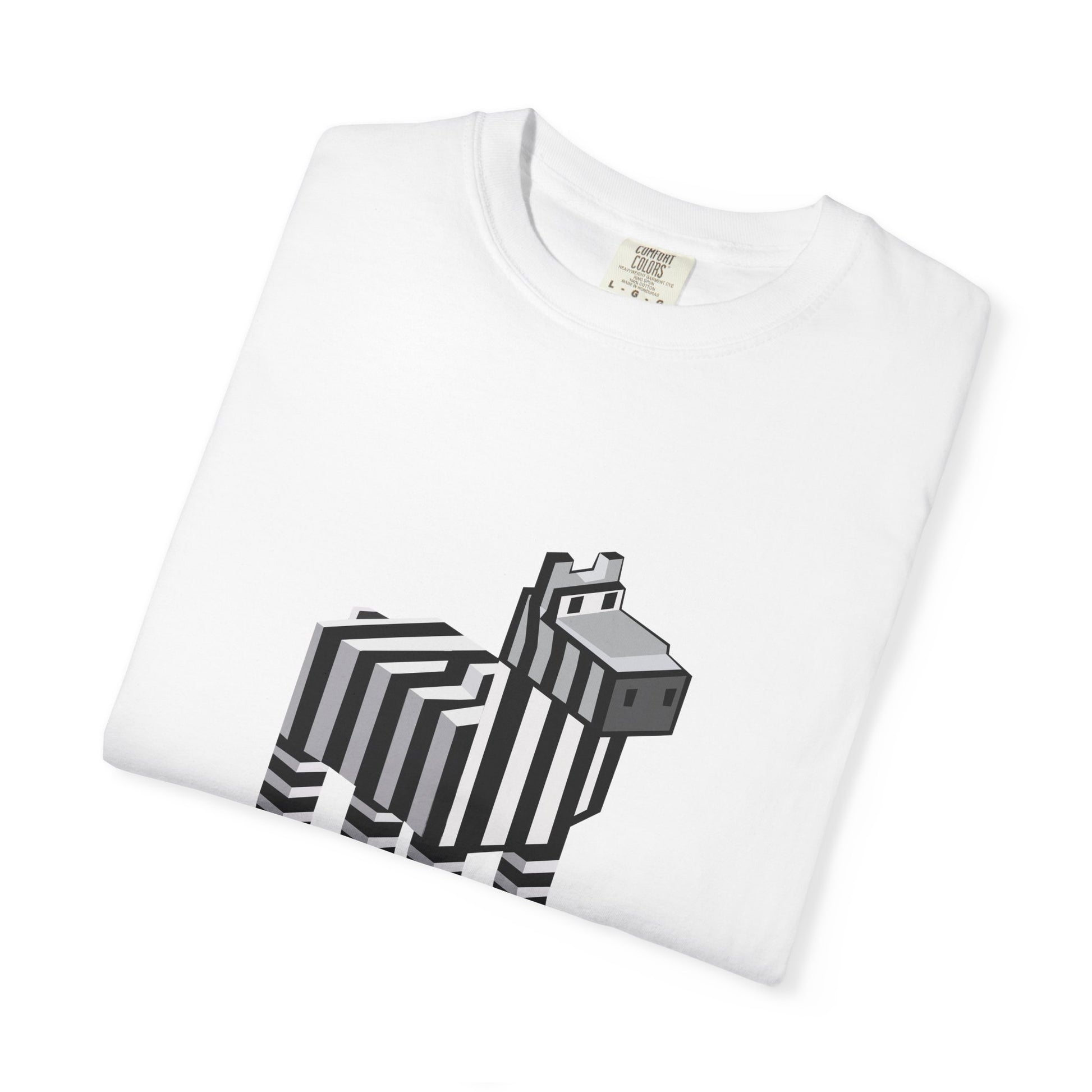 Folded white Pixel Zebra T-Shirt showing zebra graphic