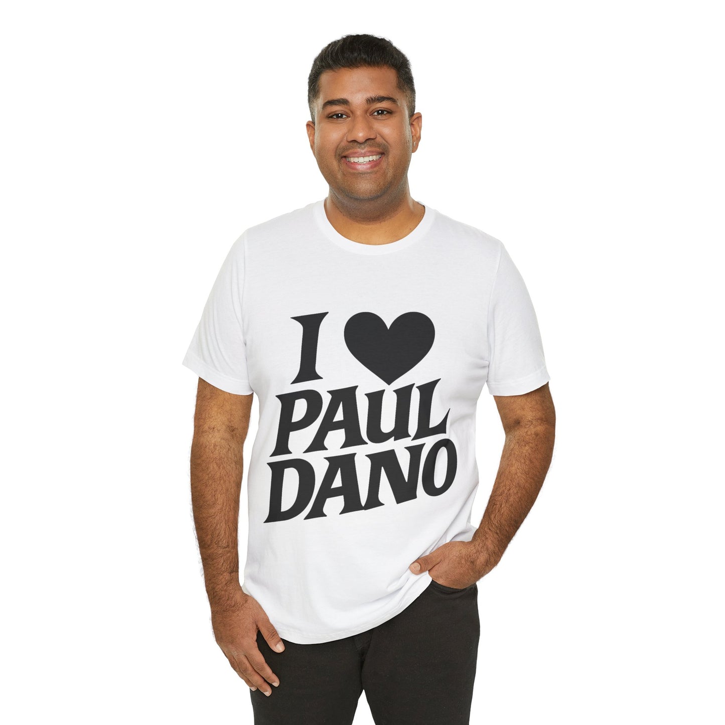 Man wearing a white t-shirt with 'I ❤️ Paul Dano' text on a white background
