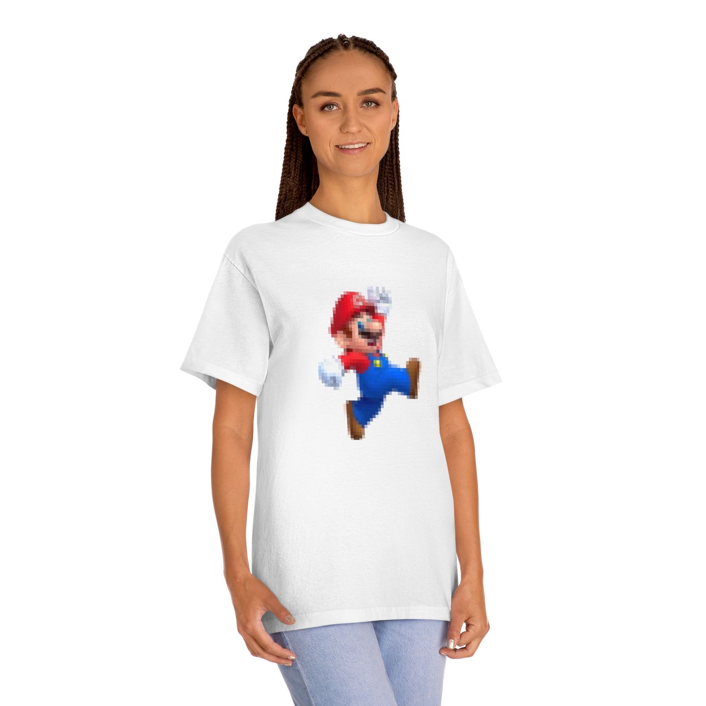 Female model wearing Brooklyn Plumber pixel art gaming t-shirt showcasing fit and design