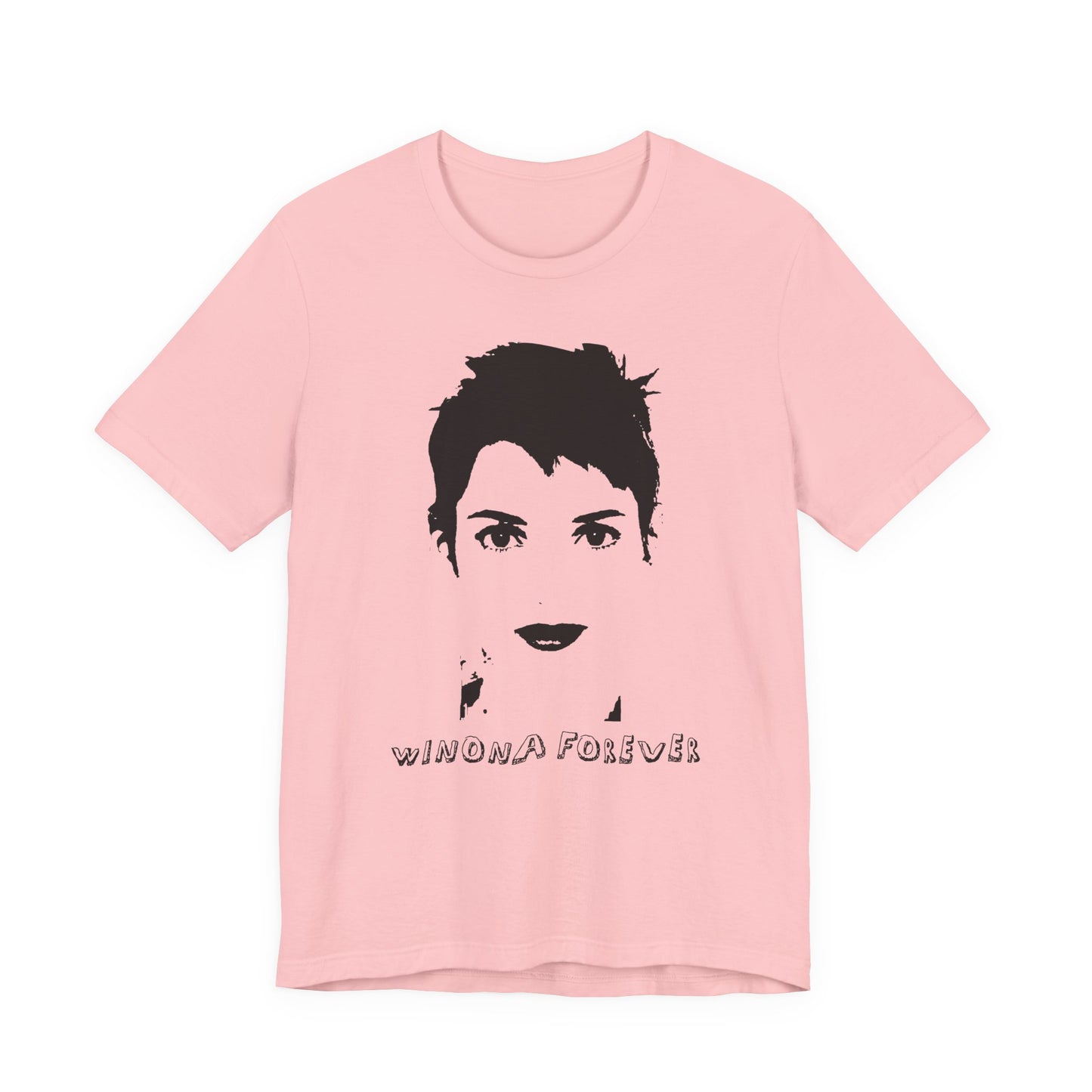 Pink t-shirt with a black silhouette of a face and 'WINONA FOREVER' text on a white background