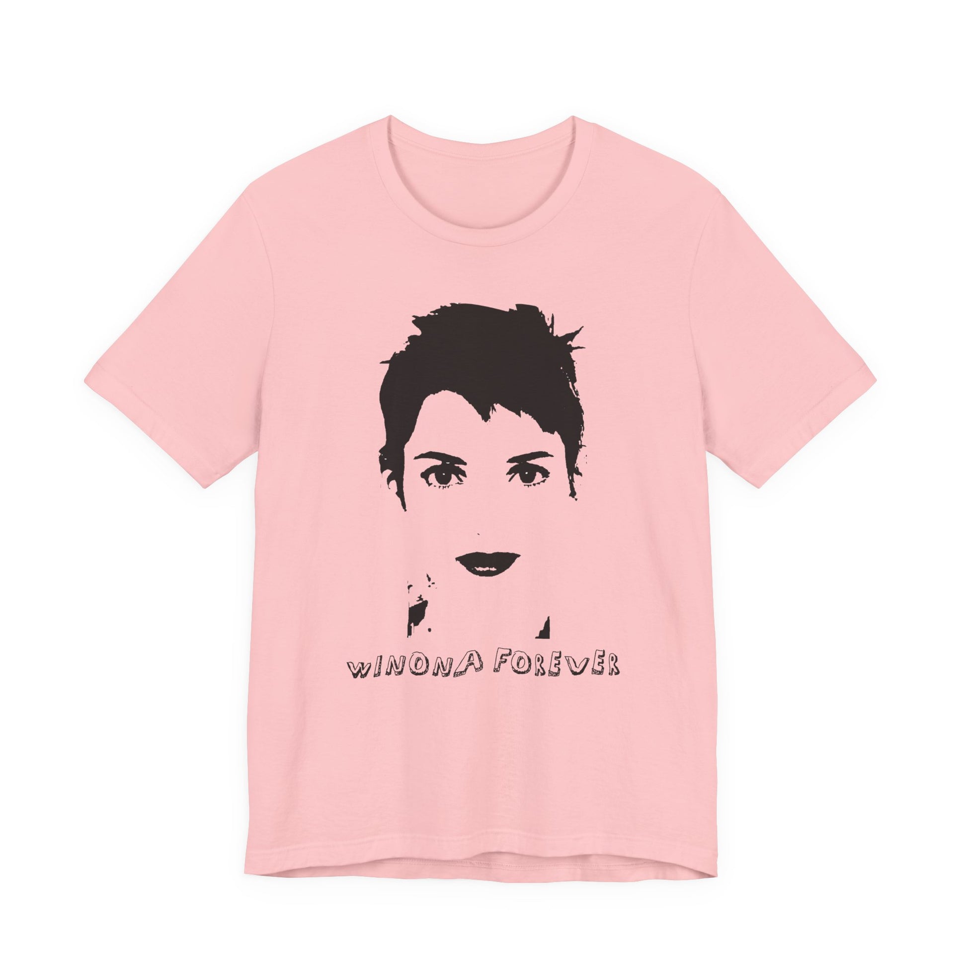 Pink t-shirt with a black silhouette of a face and 'WINONA FOREVER' text on a white background