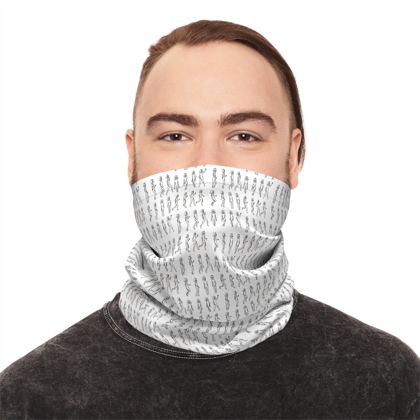 Person wearing a patterned gray and white neck gaiter on a white background