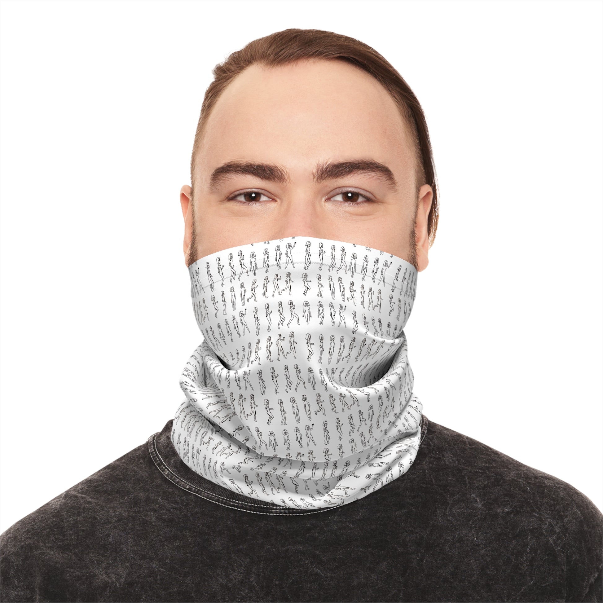 Person wearing a patterned gray and white neck gaiter on a white background