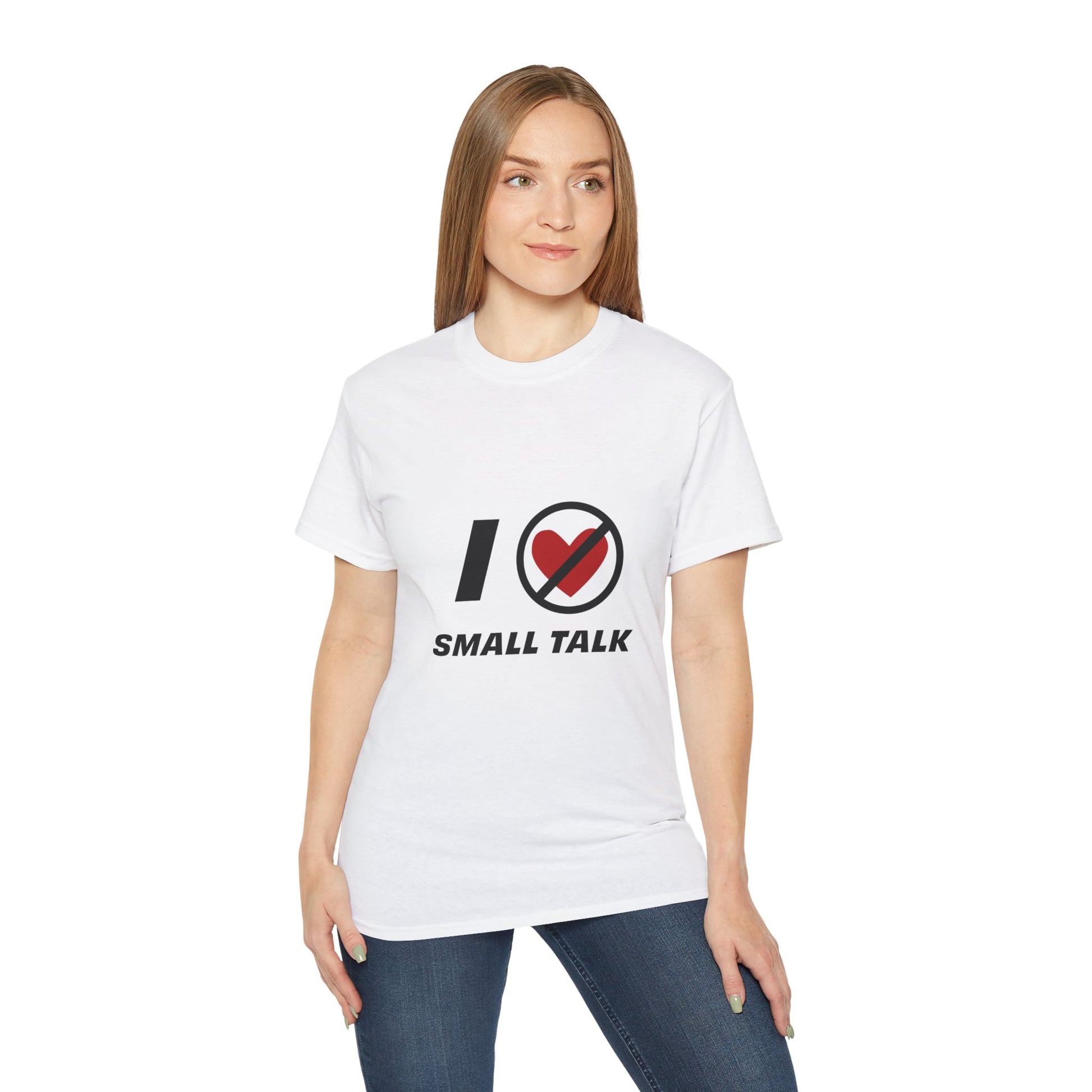 Woman wearing white unisex I Hate Small Talk T Shirt smiling