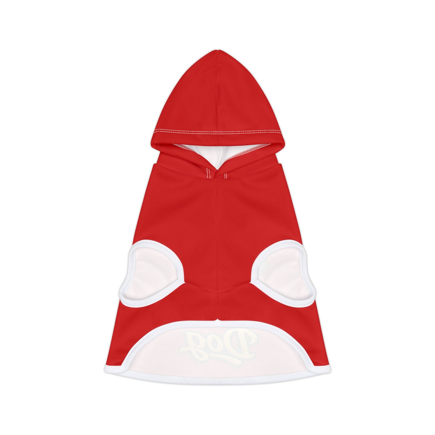 Red dog hoodie back view flat lay showing leg openings and construction details