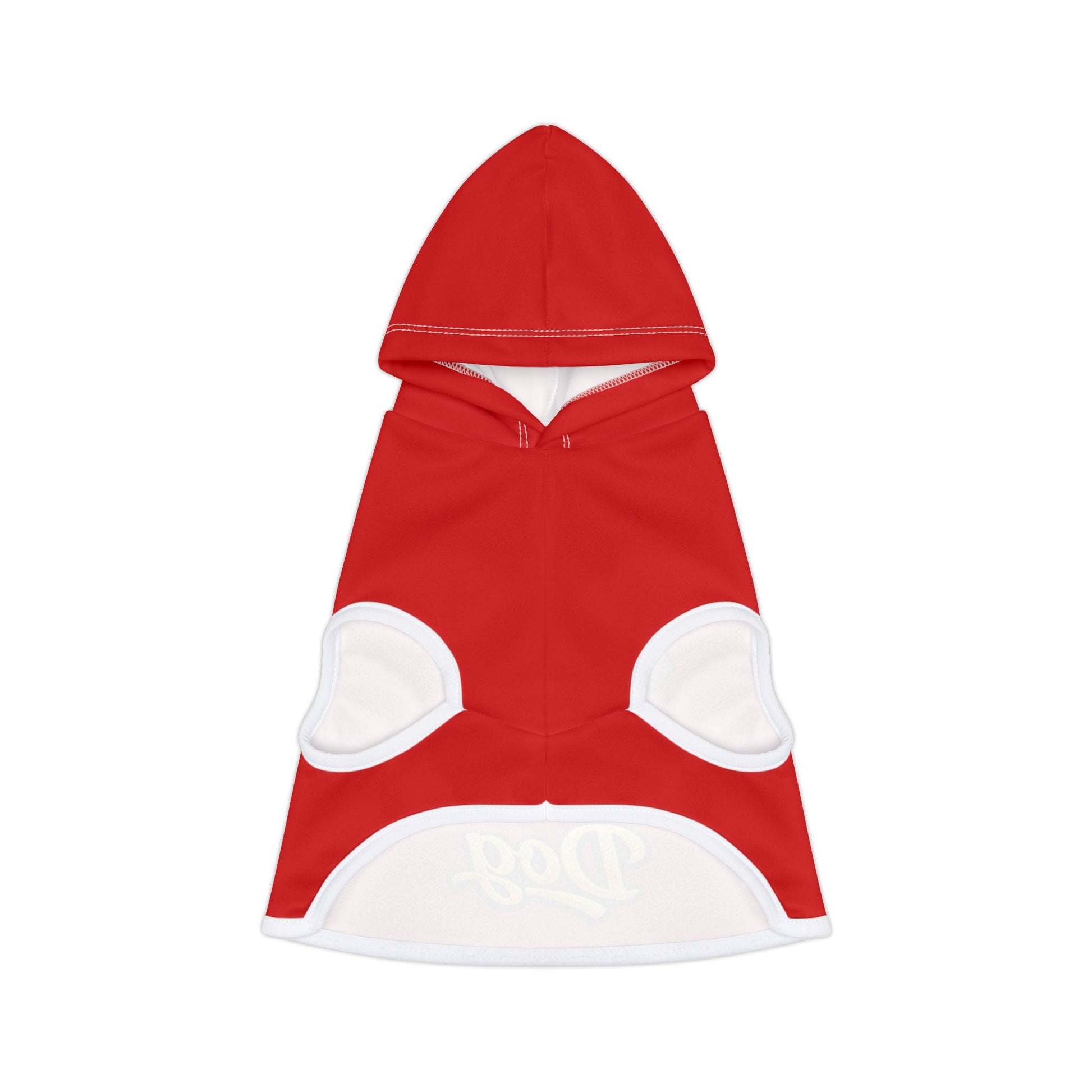 Red dog hoodie back view flat lay showing leg openings and construction details
