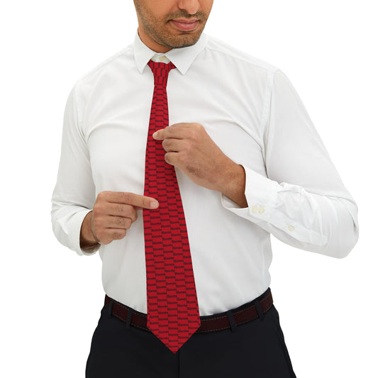 Man wearing a red Hereto Red Legal Necktie with repeating "Hereto" pattern, styled with a white dress shirt — bold lawyer-themed necktie.

