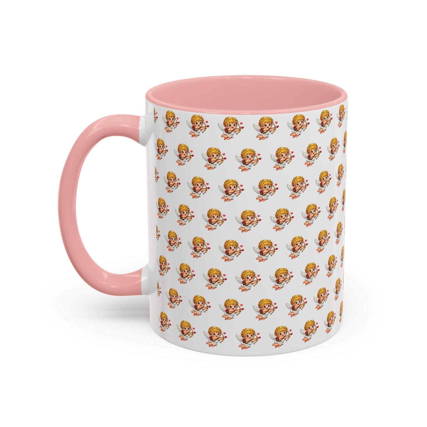 Cupid cherub pattern coffee mug with pink accent handle and interior