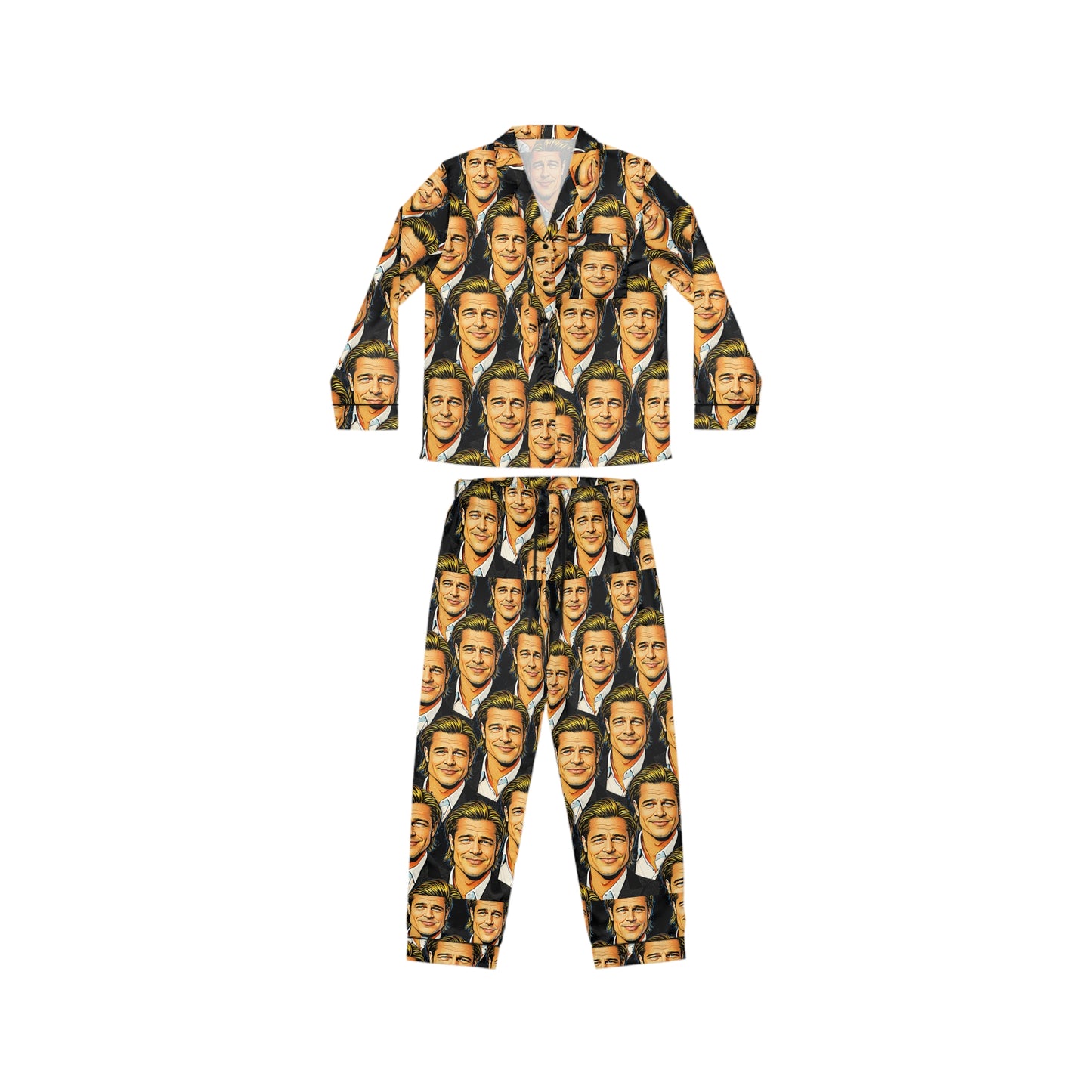 Front view of Brad’s Face satin women’s pajama set showing button front shirt and matching drawstring waist pants with graphic face print.
