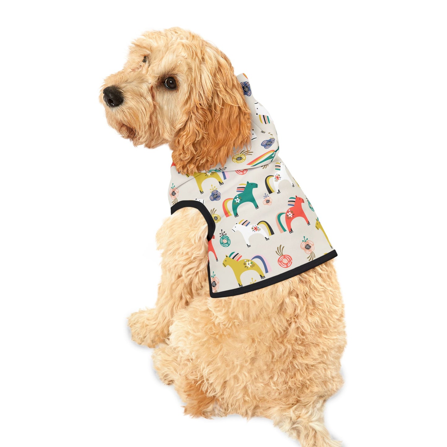 Dog sitting and wearing Horses Pet Hoodie showing front view