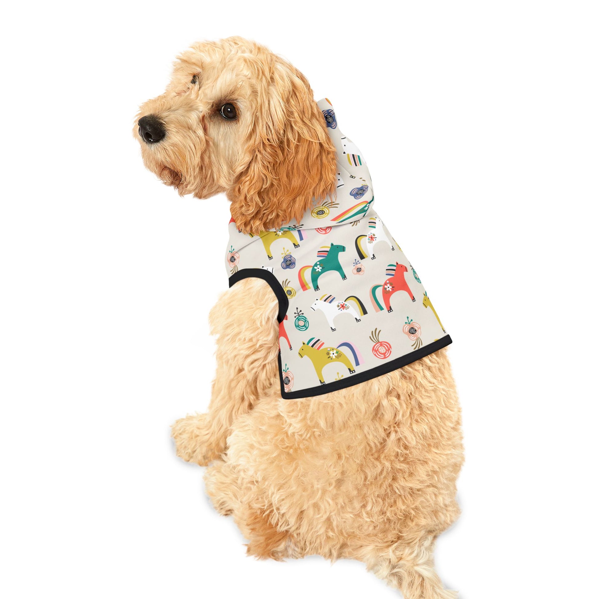 Dog sitting and wearing Horses Pet Hoodie showing front view