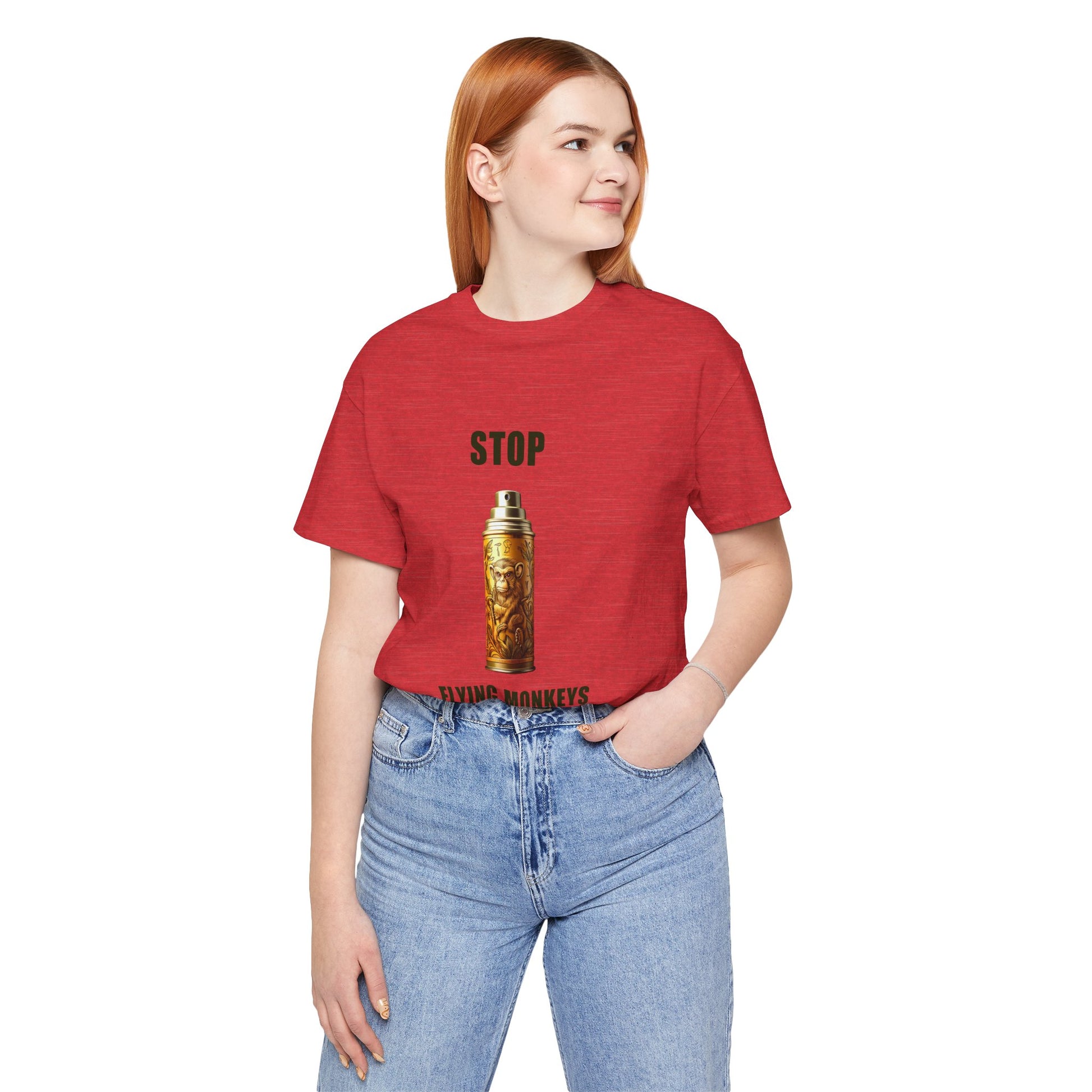 Woman wearing red Stop Flying Monkeys T-Shirt Alternate Version smiling front view