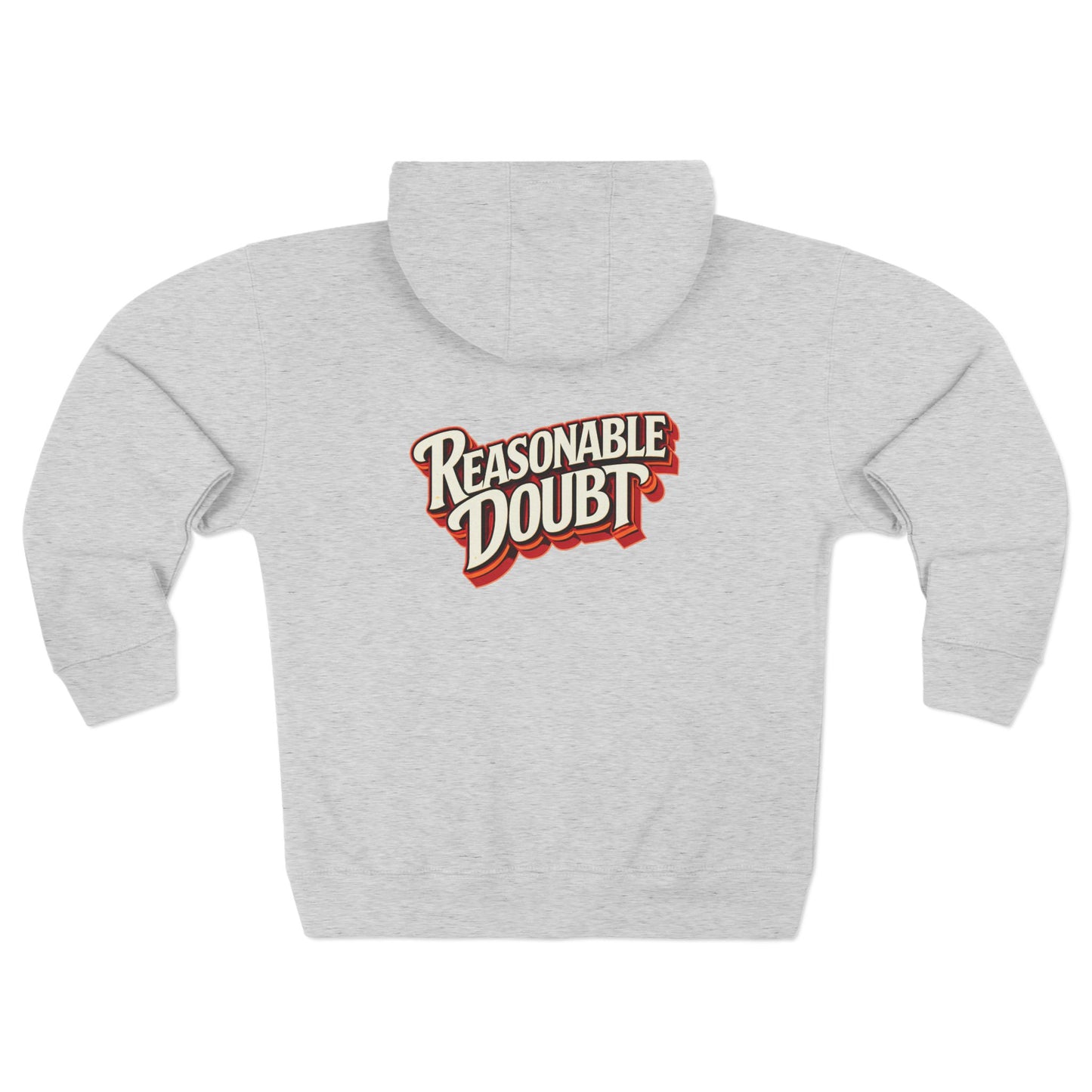 Back view of gray Reasonable Doubt unisex zip hoodie with retro script back print.