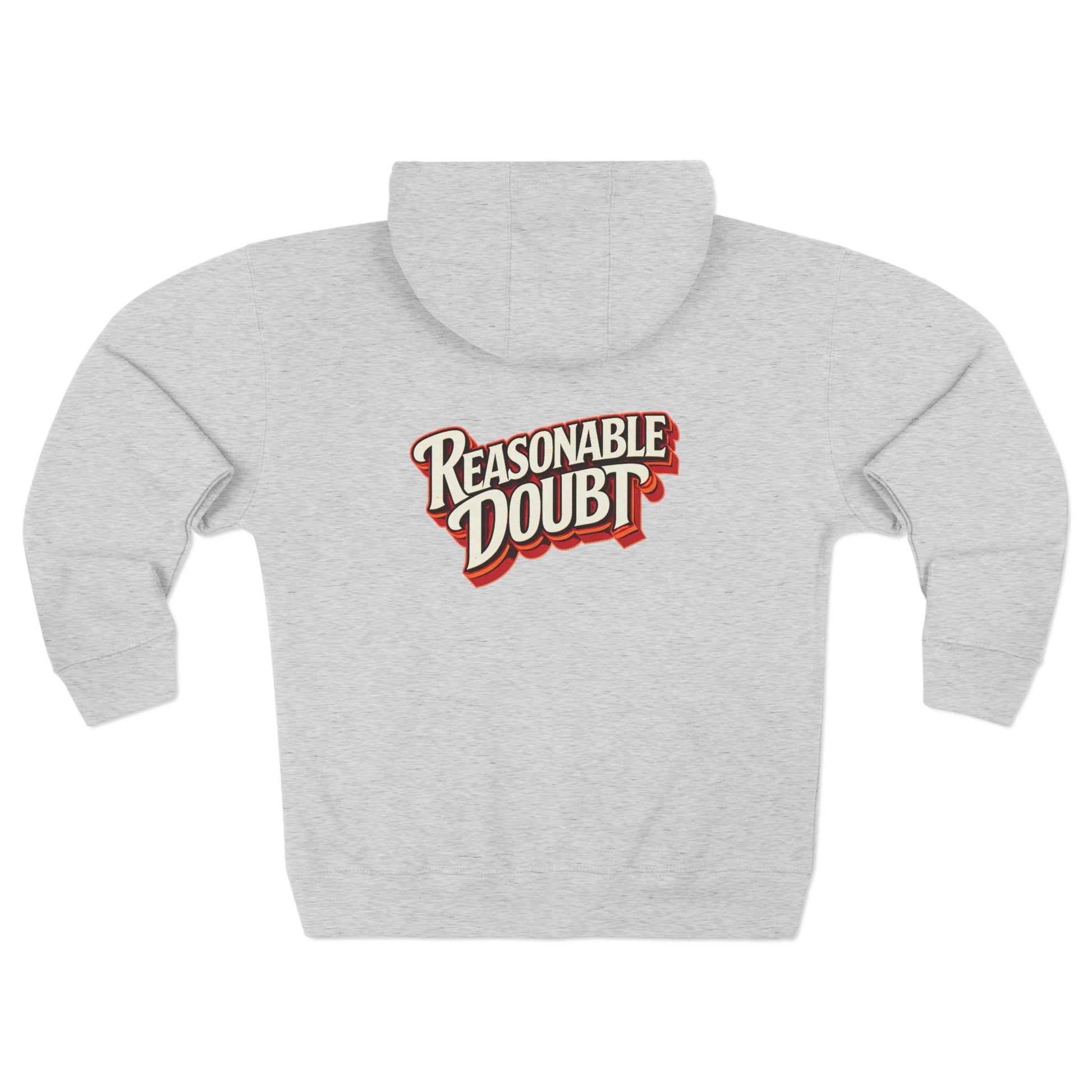 Back view of gray Reasonable Doubt unisex zip hoodie with retro script back print.