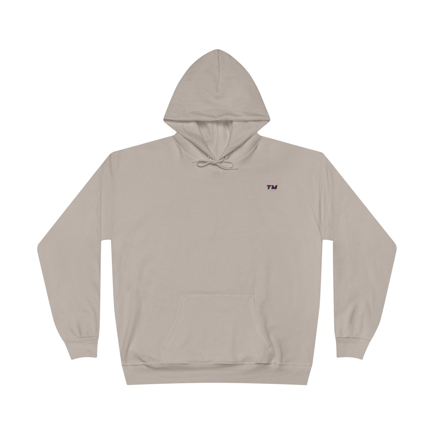 Flat lay of beige EcoSmart hoodie with small embroidered TM logo on chest.
