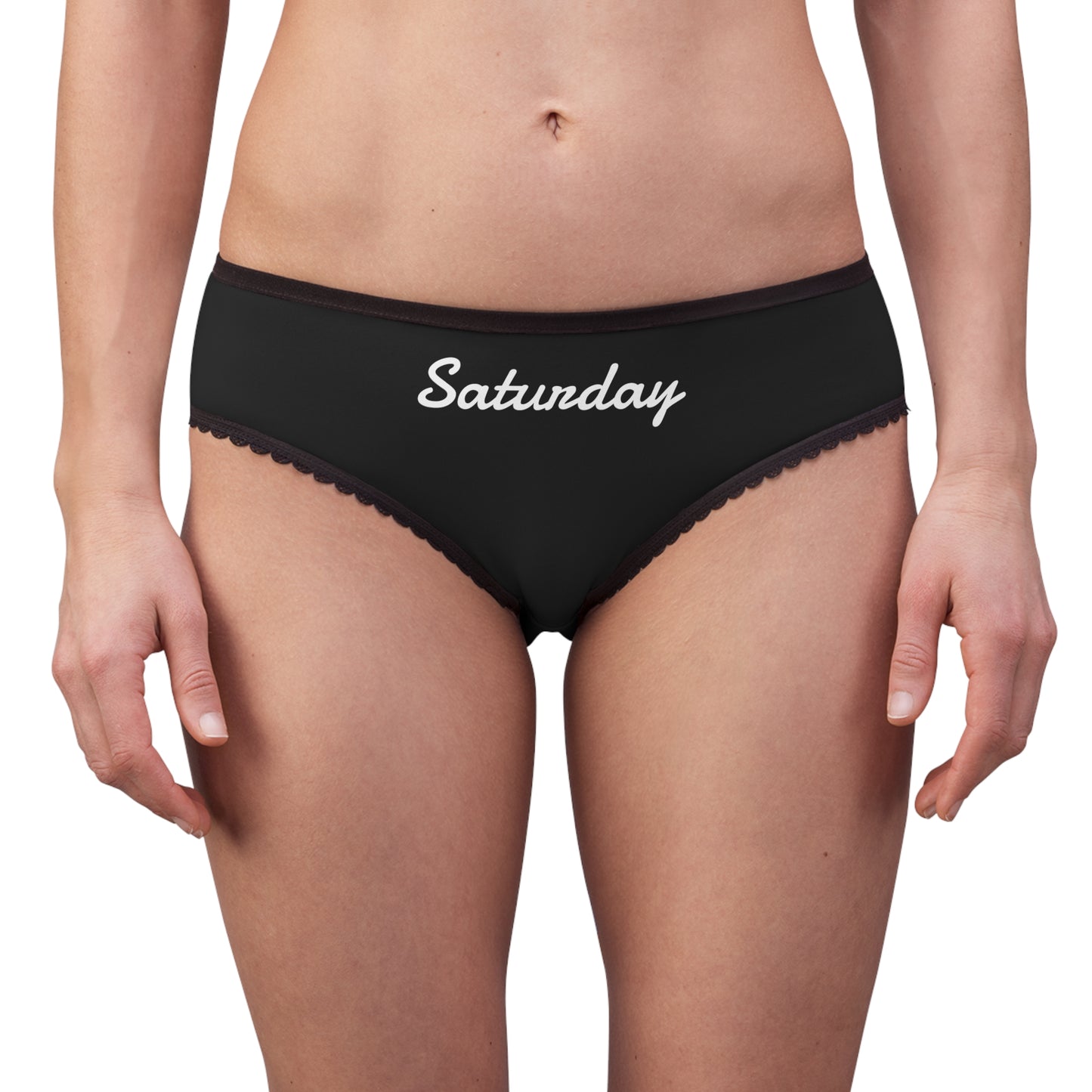 woman wearing saturday underwear briefs front view black trim