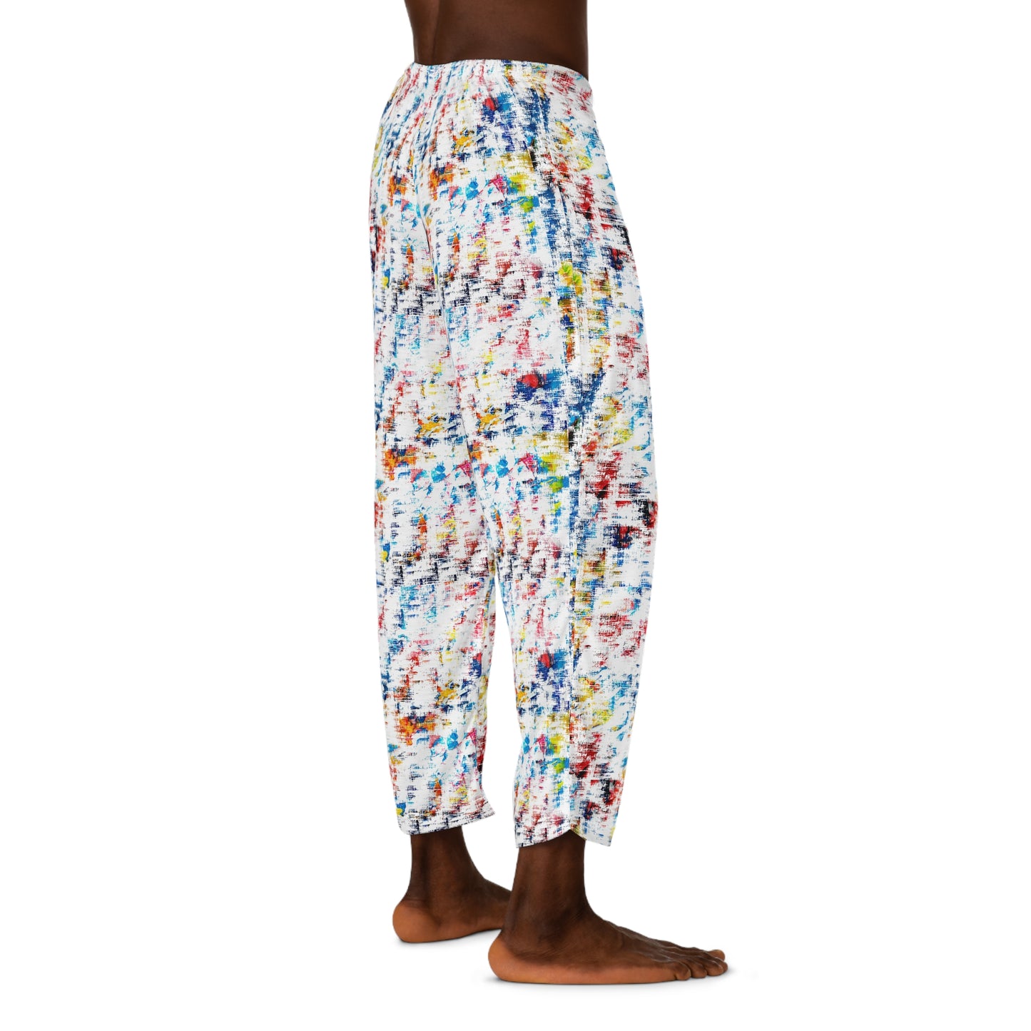 Model wearing Hip Tie Dye Men’s Pajama Pants angled back view showcasing lightweight fabric