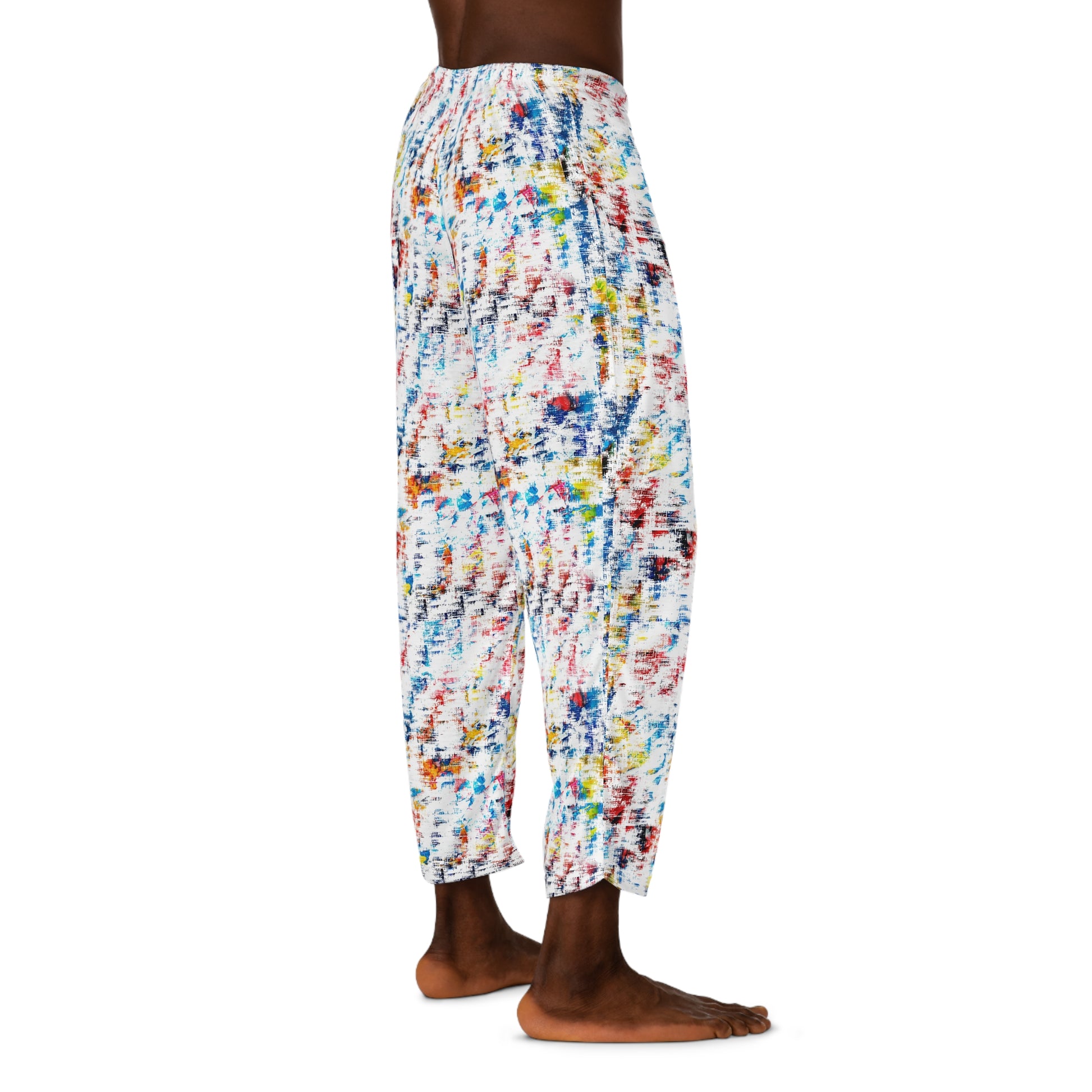 Model wearing Hip Tie Dye Men’s Pajama Pants angled back view showcasing lightweight fabric
