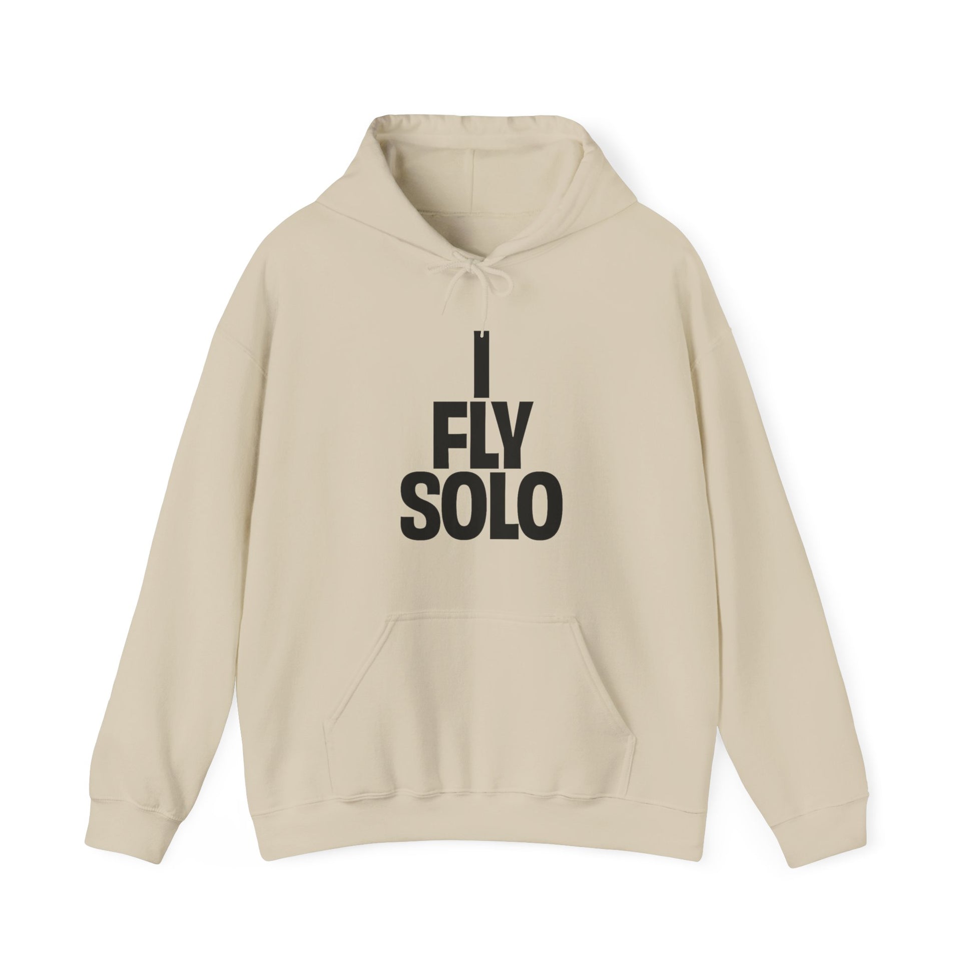 Beige hoodie with 'I Fly Solo' text on a white background