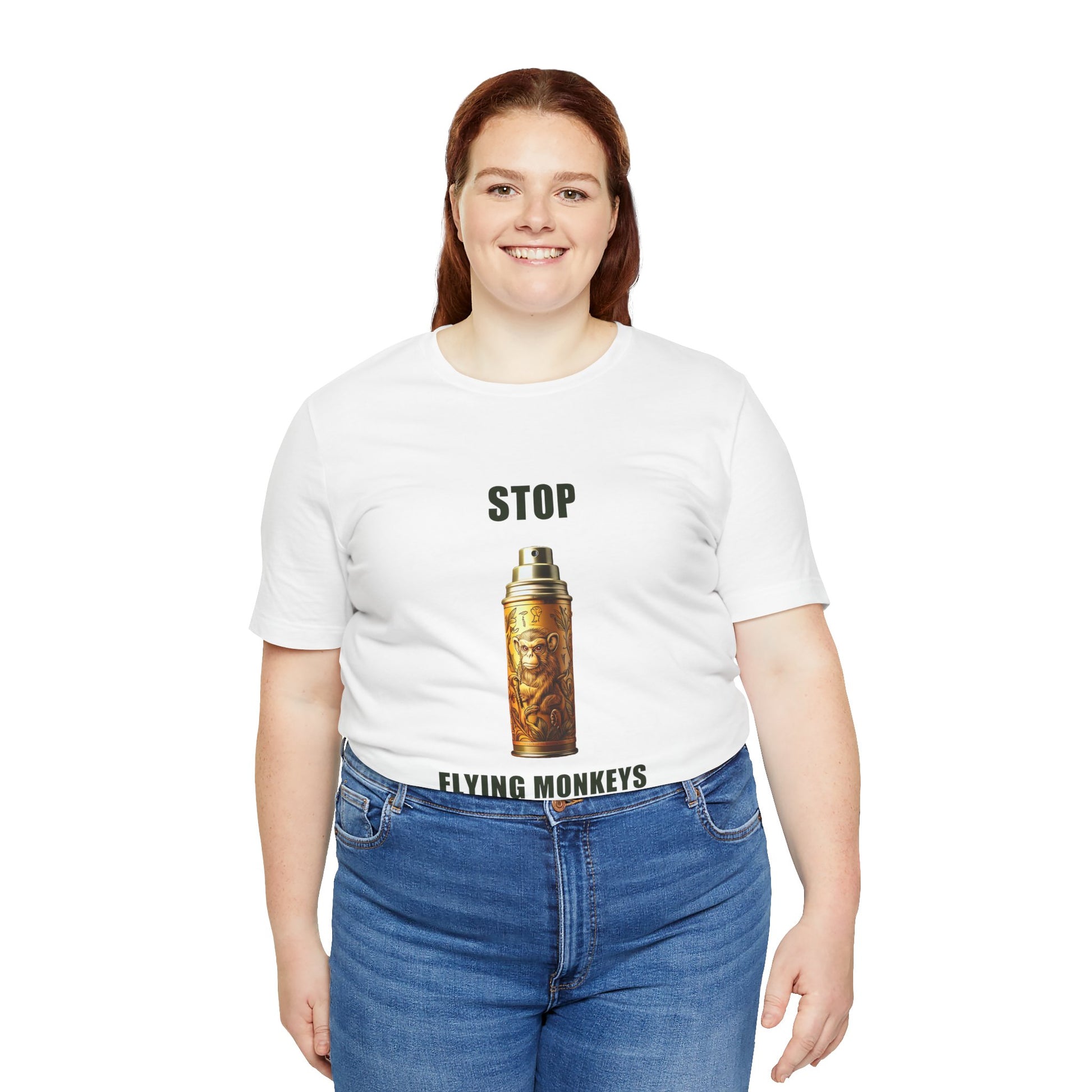 Woman wearing white Stop Flying Monkeys T-Shirt Alternate Version smiling