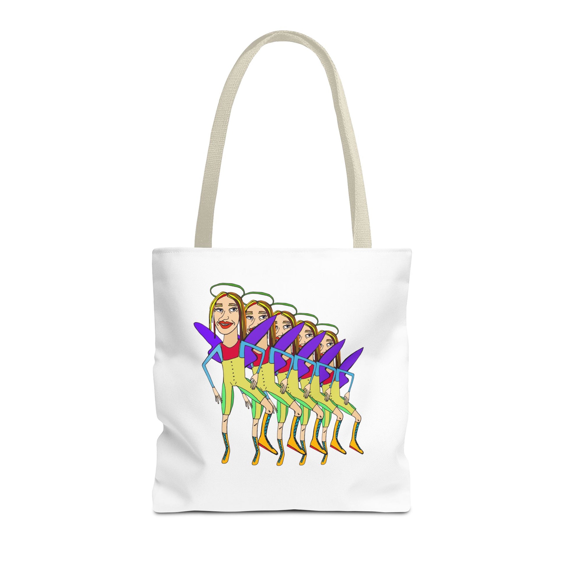 Angelic Sportsy Tote Bag front view white polyester tote with colorful graphic artwork
