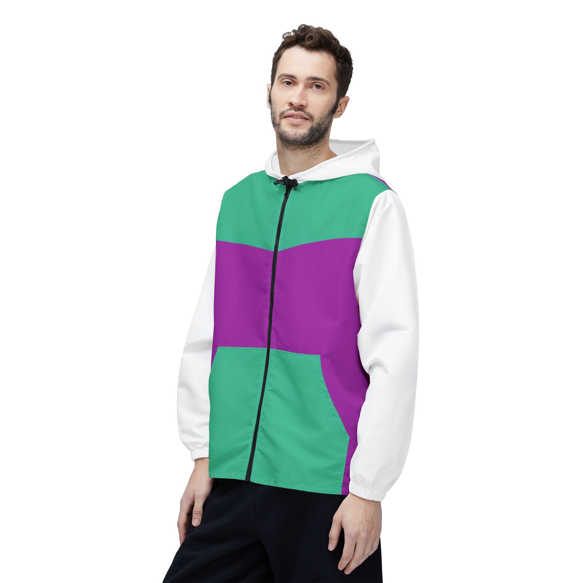Male model wearing Retro Pink & Green Windbreaker Jacket angled front view with pockets.