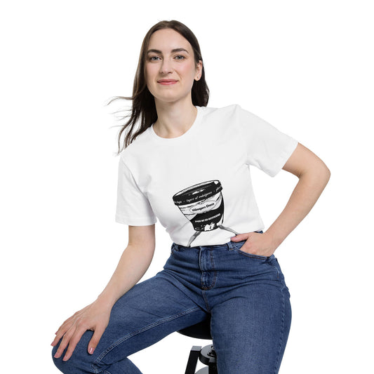 Woman sitting in white jersey t-shirt with bold ice cream tub graphic and hand in pocket
