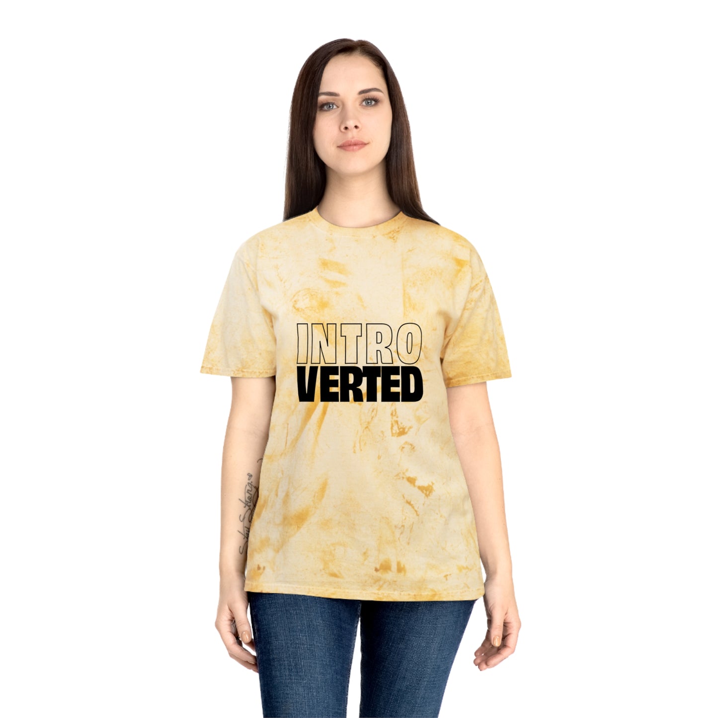 Woman wearing yellow tie-dye Introverted Color Blast T-Shirt