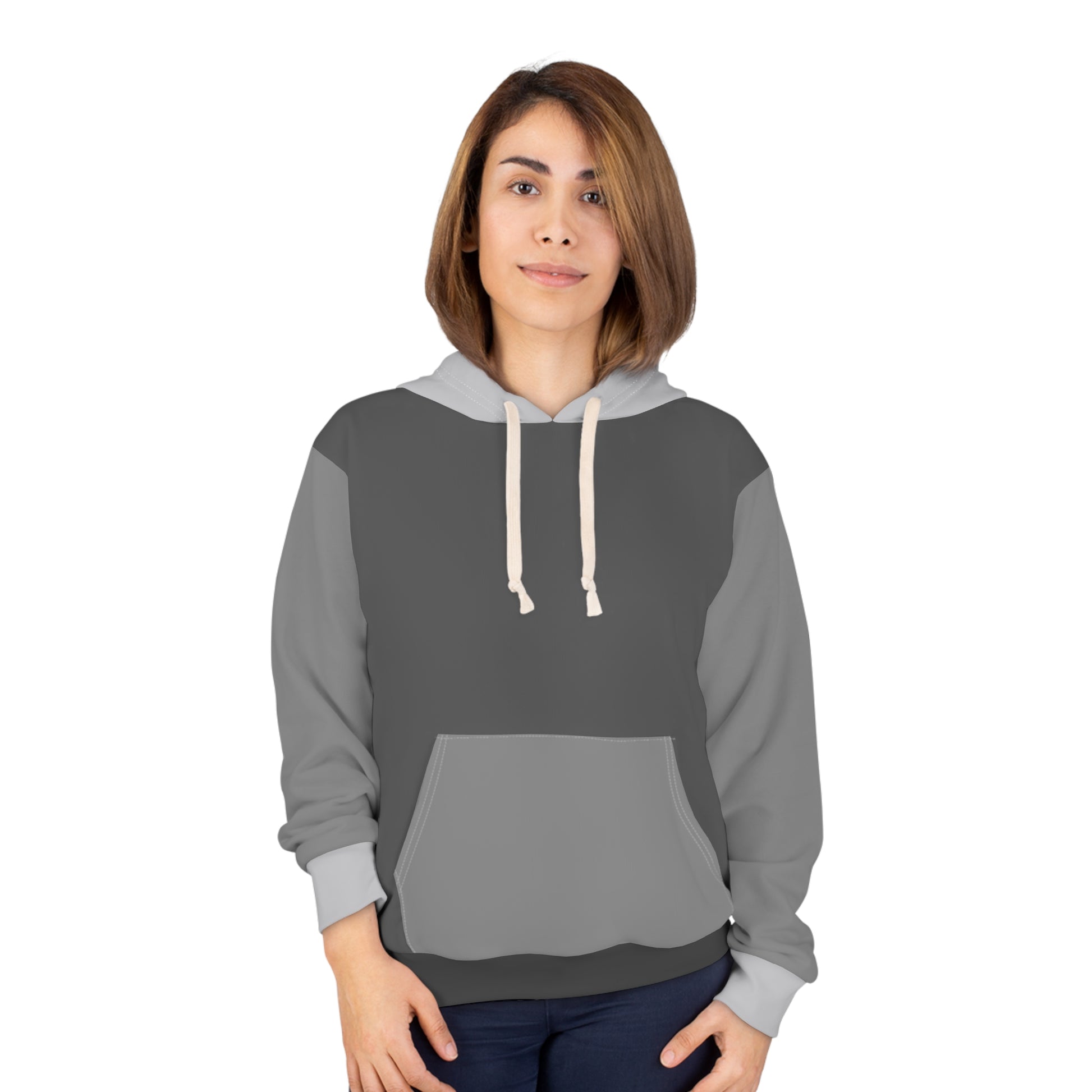 Female model wearing Storm Unisex Hoodie showcasing stylish gray color blocks, comfortable fit, and contemporary everyday fashion
